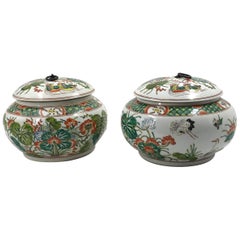 Antique Pair of Chinese Famille Verte Lidded Jars