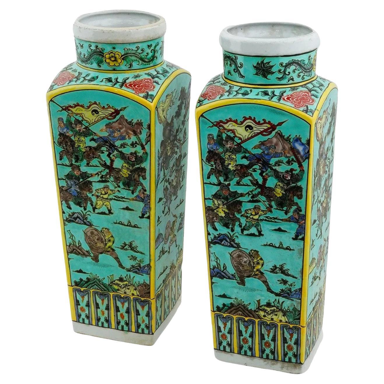 Pair of Chinese Famille Verte Porcelain Vases Marked For Sale