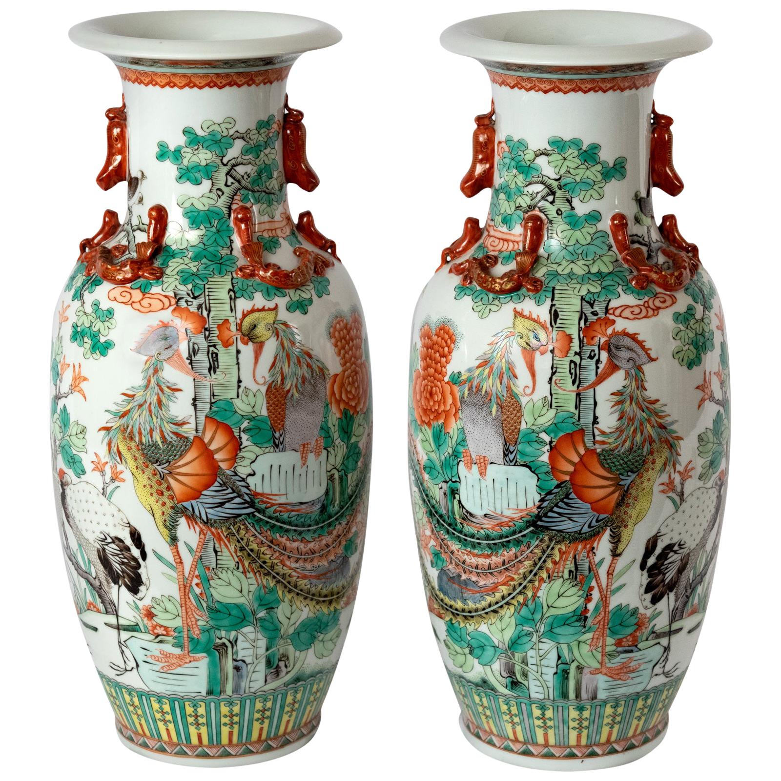 Pair of Chinese Famille Verte Porcelain Vases, Qing Dynasty at 1stDibs