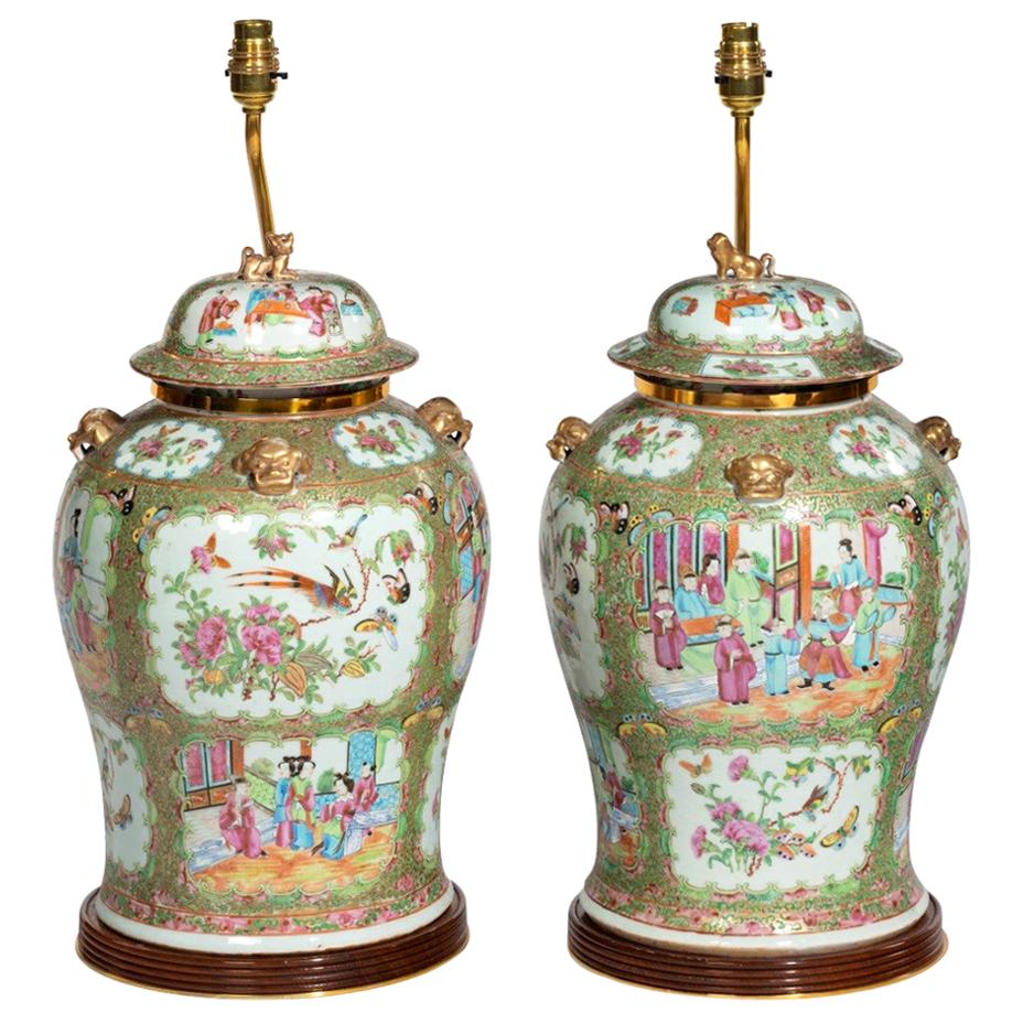 A pair of Chinese Canton Rose Medallion Vases and Covers