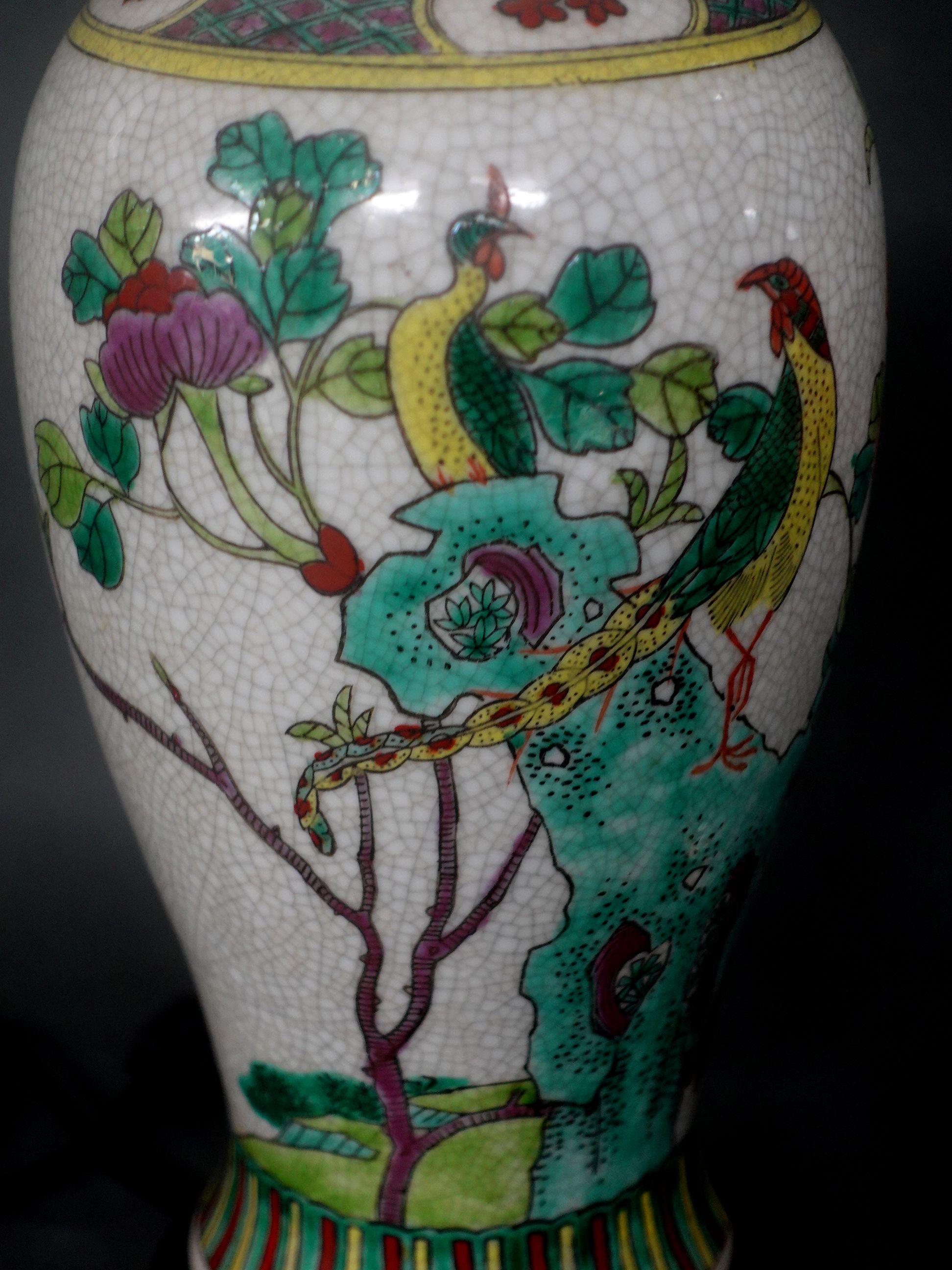 Hand-Crafted Pair of Chinese Famille Verte Vases Mounted as Lamps For Sale