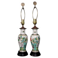 Antique Pair of Chinese Famille Verte Vases Mounted as Lamps