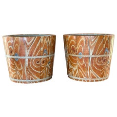 Pair of Chinese Faux-Bois Wood Grain Ceramic Planter Pots