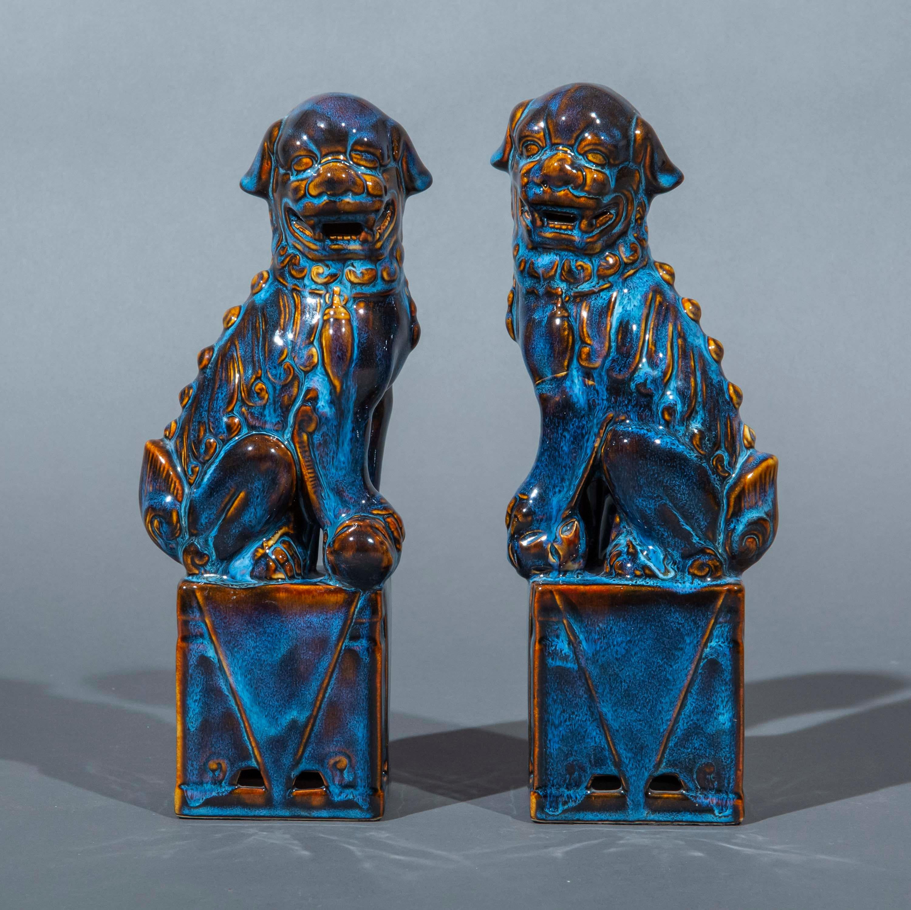 Pair of Chinese Flambe Glazed Foo Dogs or Lions For Sale 2
