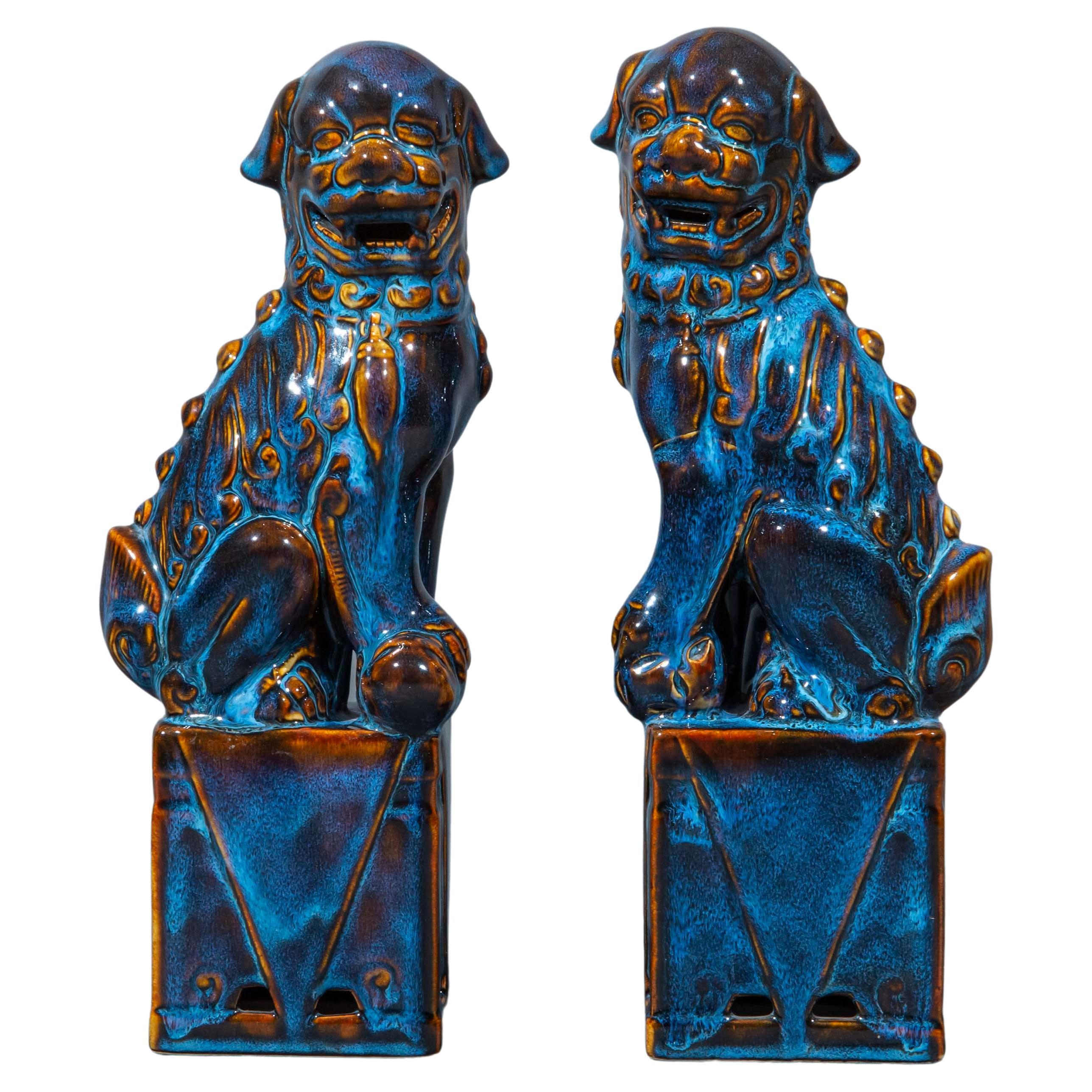 Pair of Chinese Flambe Glazed Foo Dogs or Lions For Sale
