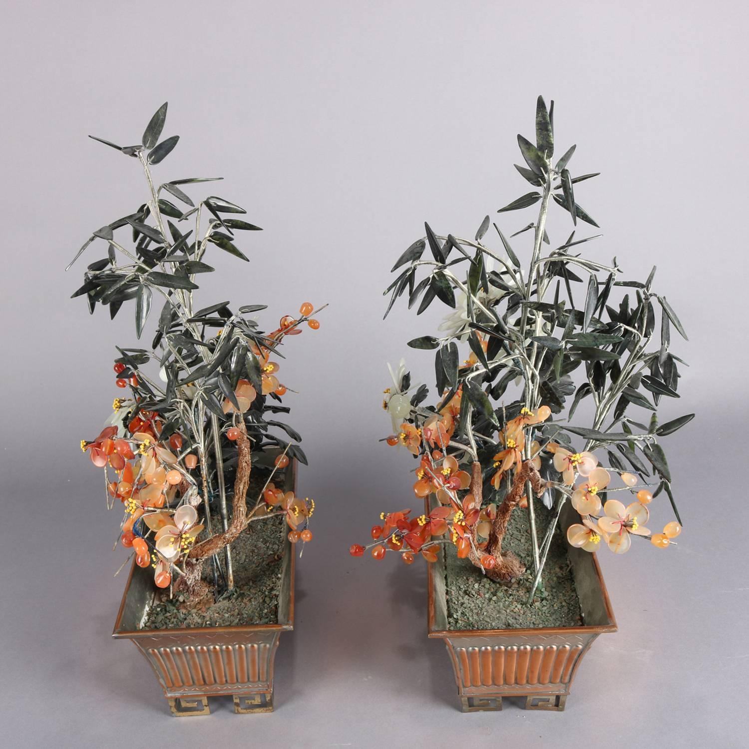 Pair of Chinese Floral and Bamboo Jade Bonsai Trees, 20th Century In Good Condition In Big Flats, NY