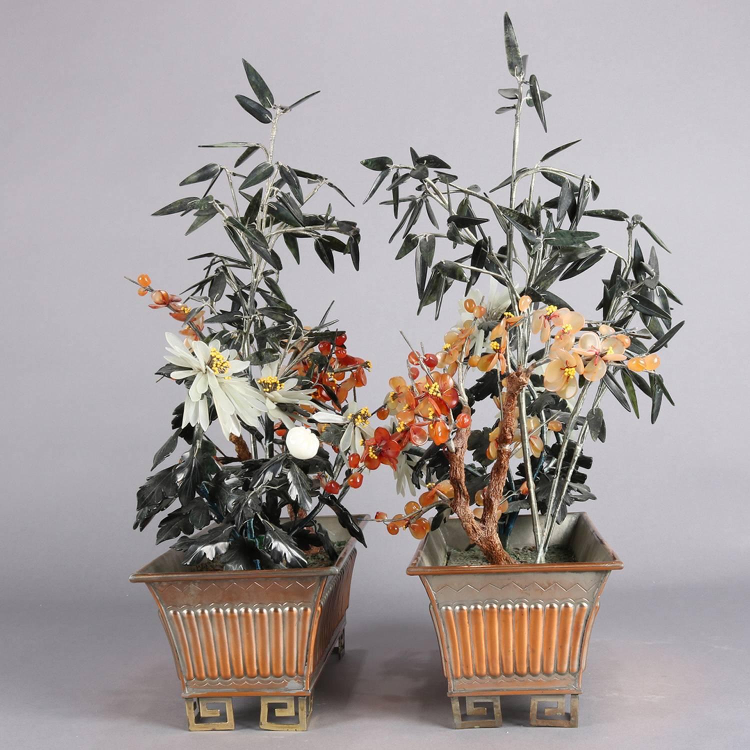 Metal Pair of Chinese Floral and Bamboo Jade Bonsai Trees, 20th Century