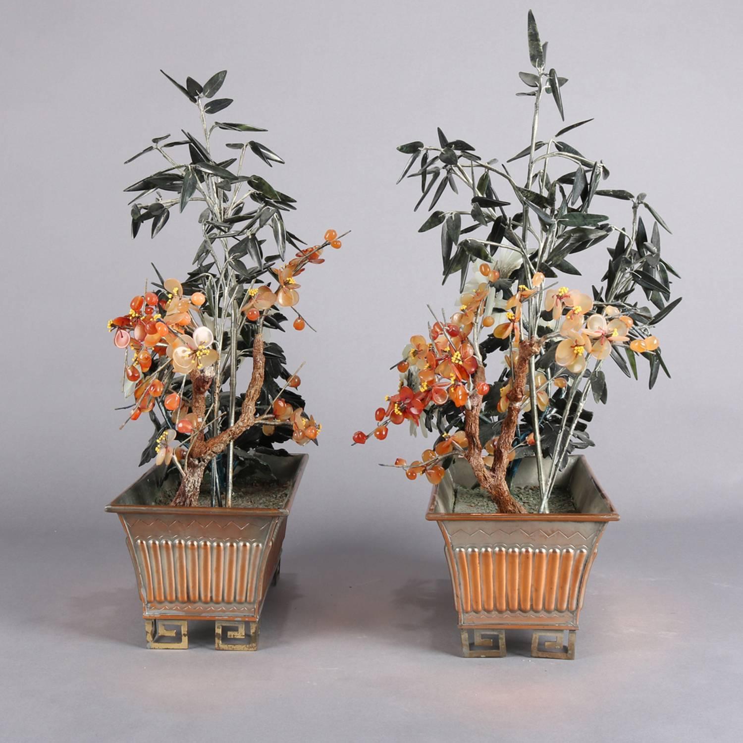 Pair of Chinese Floral and Bamboo Jade Bonsai Trees, 20th Century 4