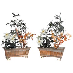 Pair of Chinese Floral and Bamboo Jade Bonsai Trees, 20th Century