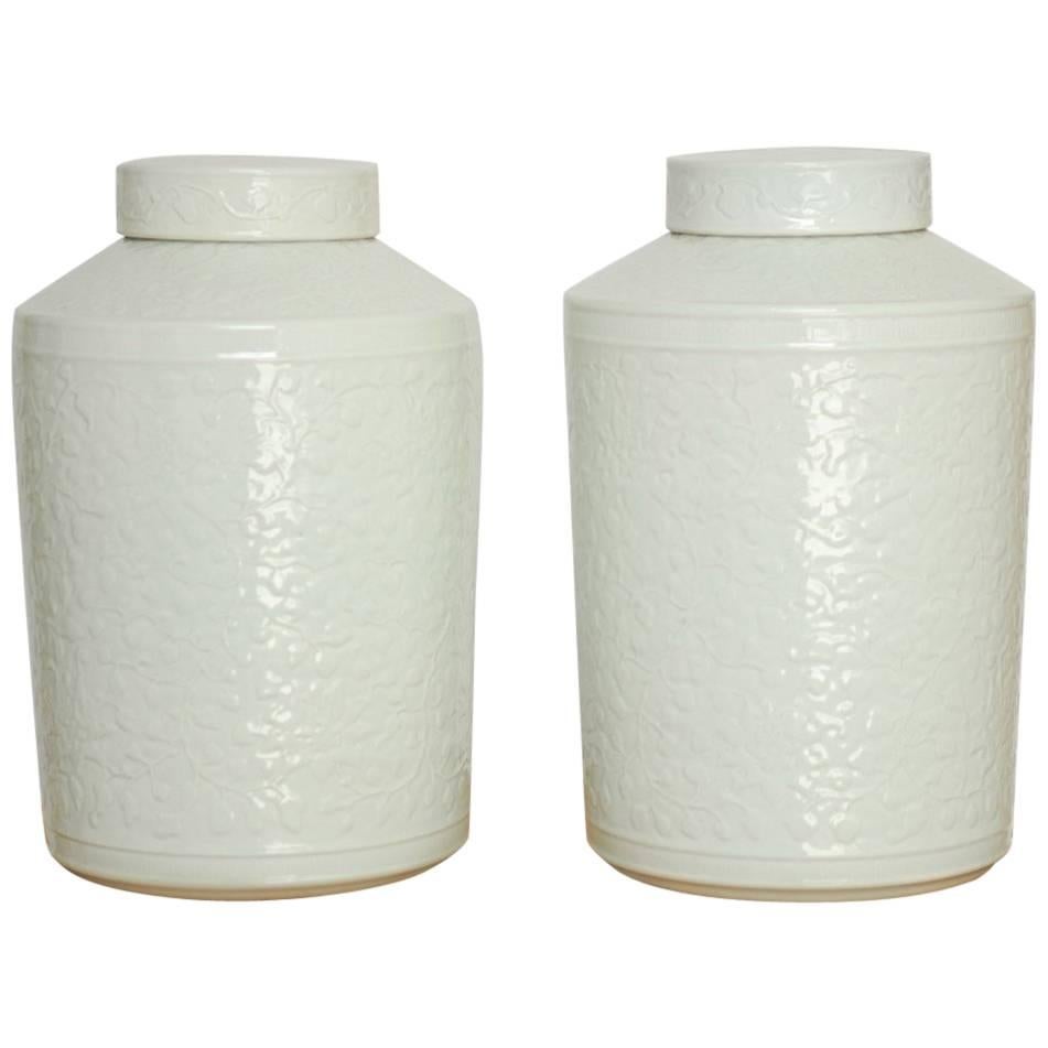 Pair of Chinese Floral Blanc de Chine Lidded Jars