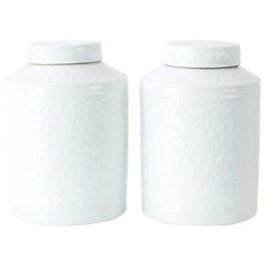 Pair of Chinese Floral Blanc De Chine Lidded Jars