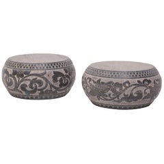 Pair of Chinese Floral Carved Stone Pedestals