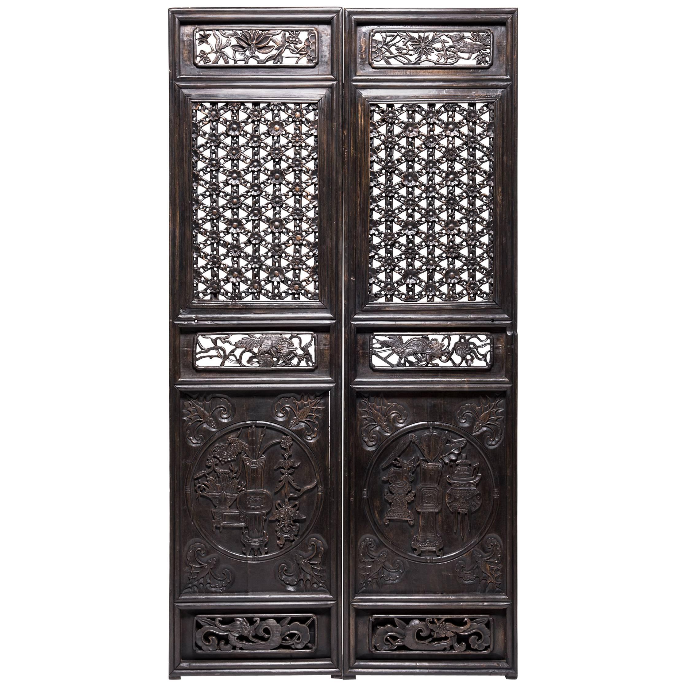 Pair of Chinese Floral Chainlink Lattice Panels, c. 1800