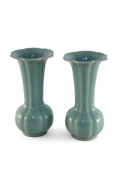 Pair of Chinese Fluted and Scalloped Celadon Porcelain Vases