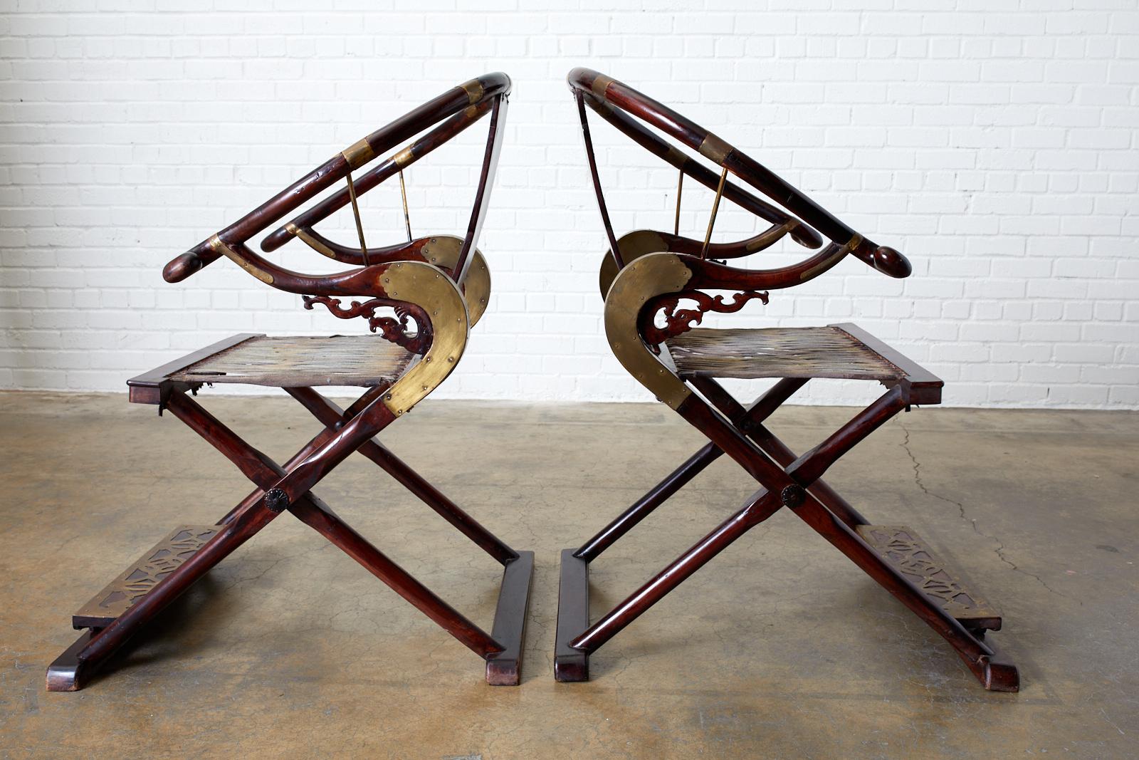 Qing Pair of Chinese Folding Jiaoyi Horseshoe Armchairs