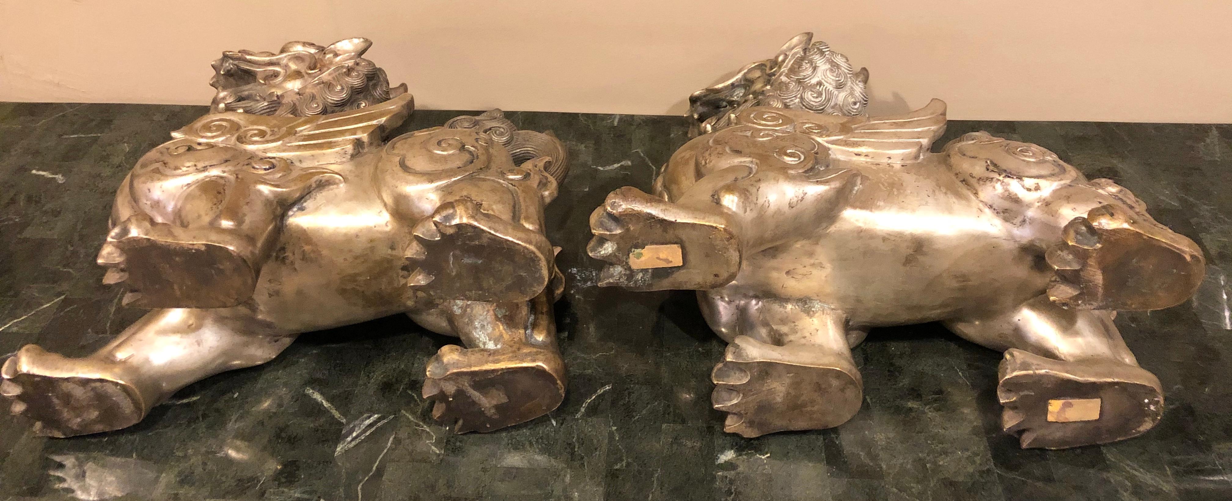 Pair of Chinese Foo Dogs, Bronze Silver Plated 3