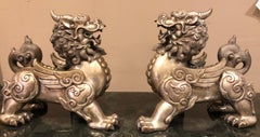 Pair of Chinese Foo Dogs, Bronze Silver Plated