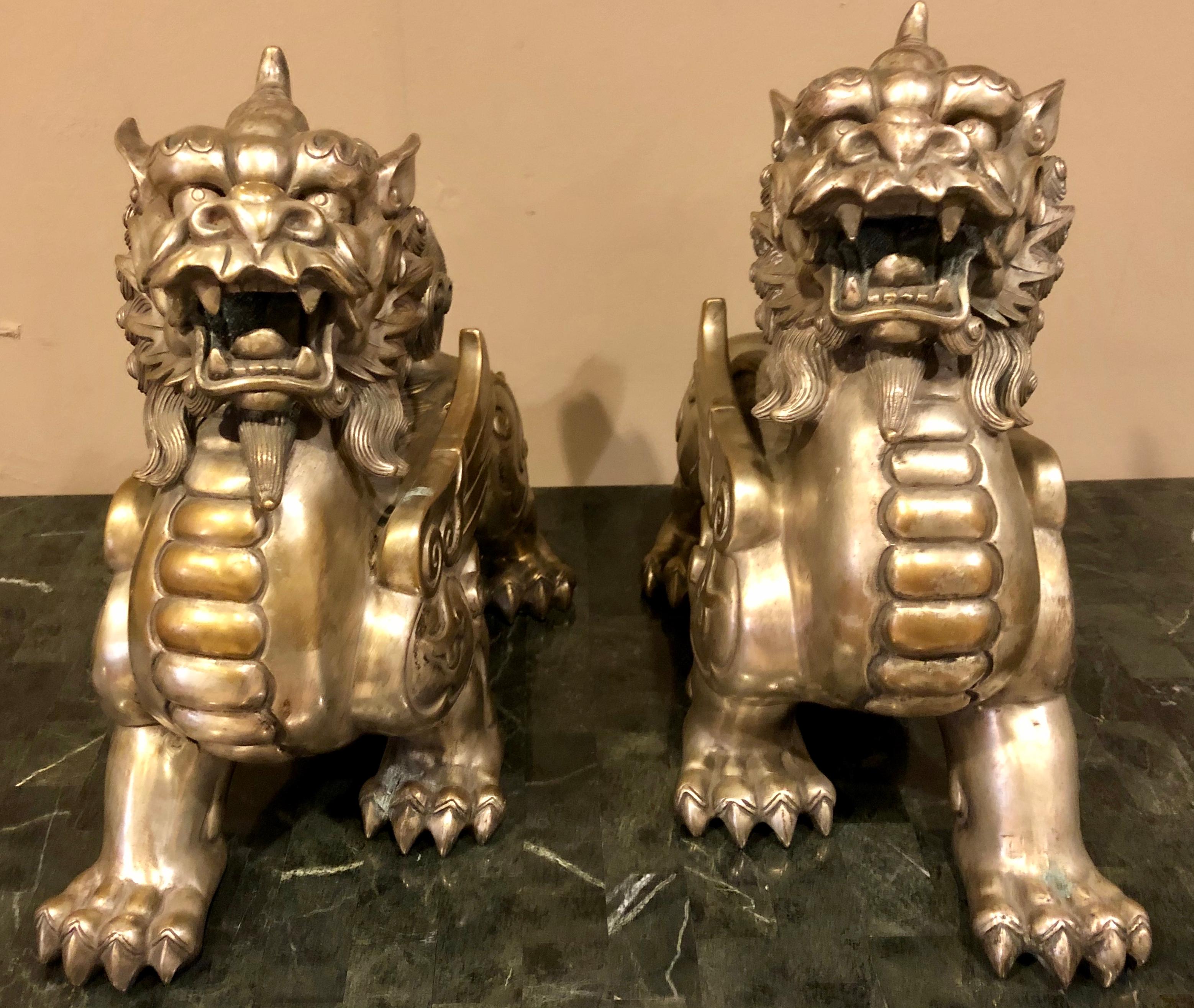 Chinese Export Pair of Chinese Foo Dogs, Bronze Silver Plated