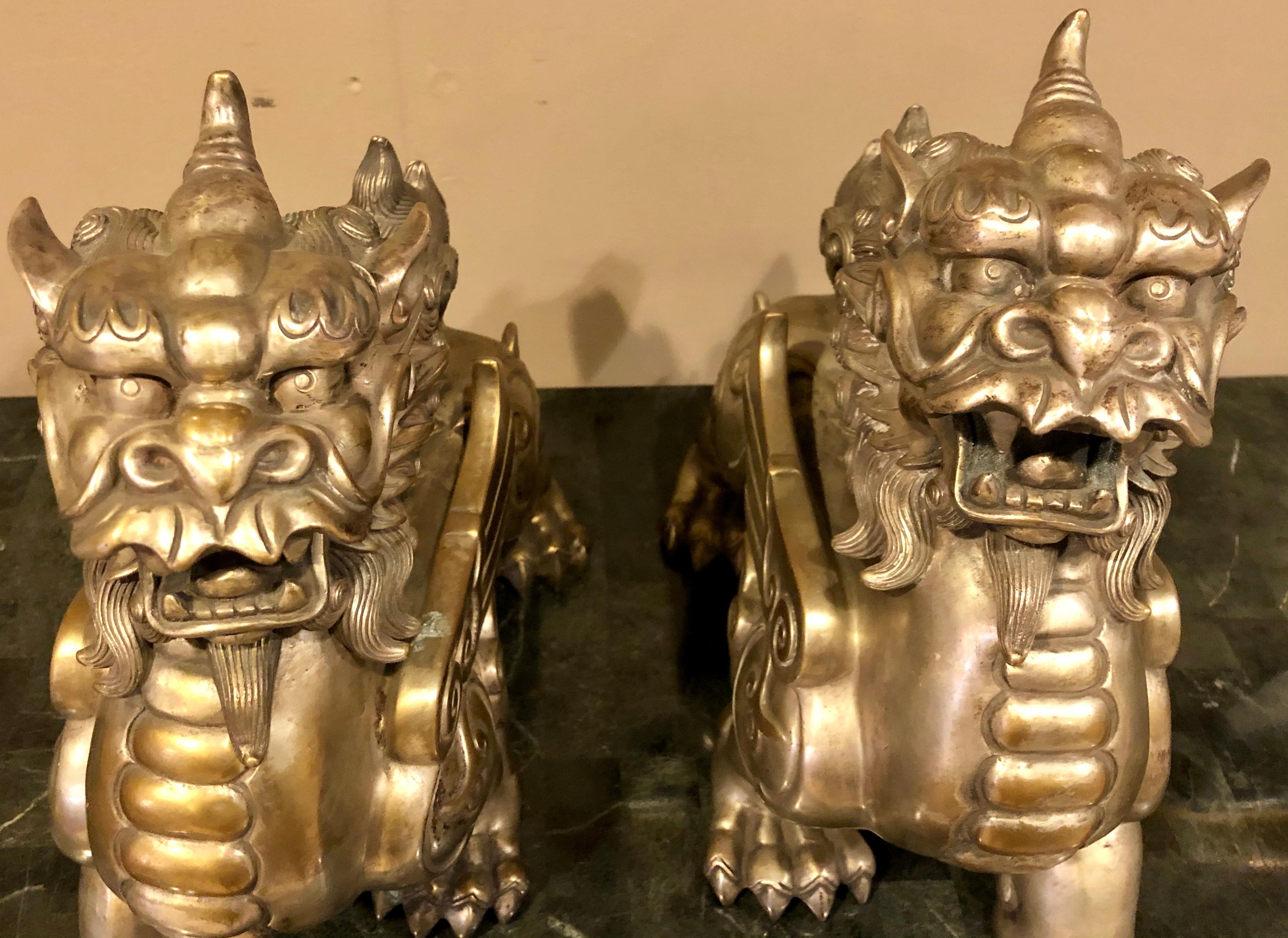 Silvered Pair of Chinese Foo Dogs, Bronze Silver Plated
