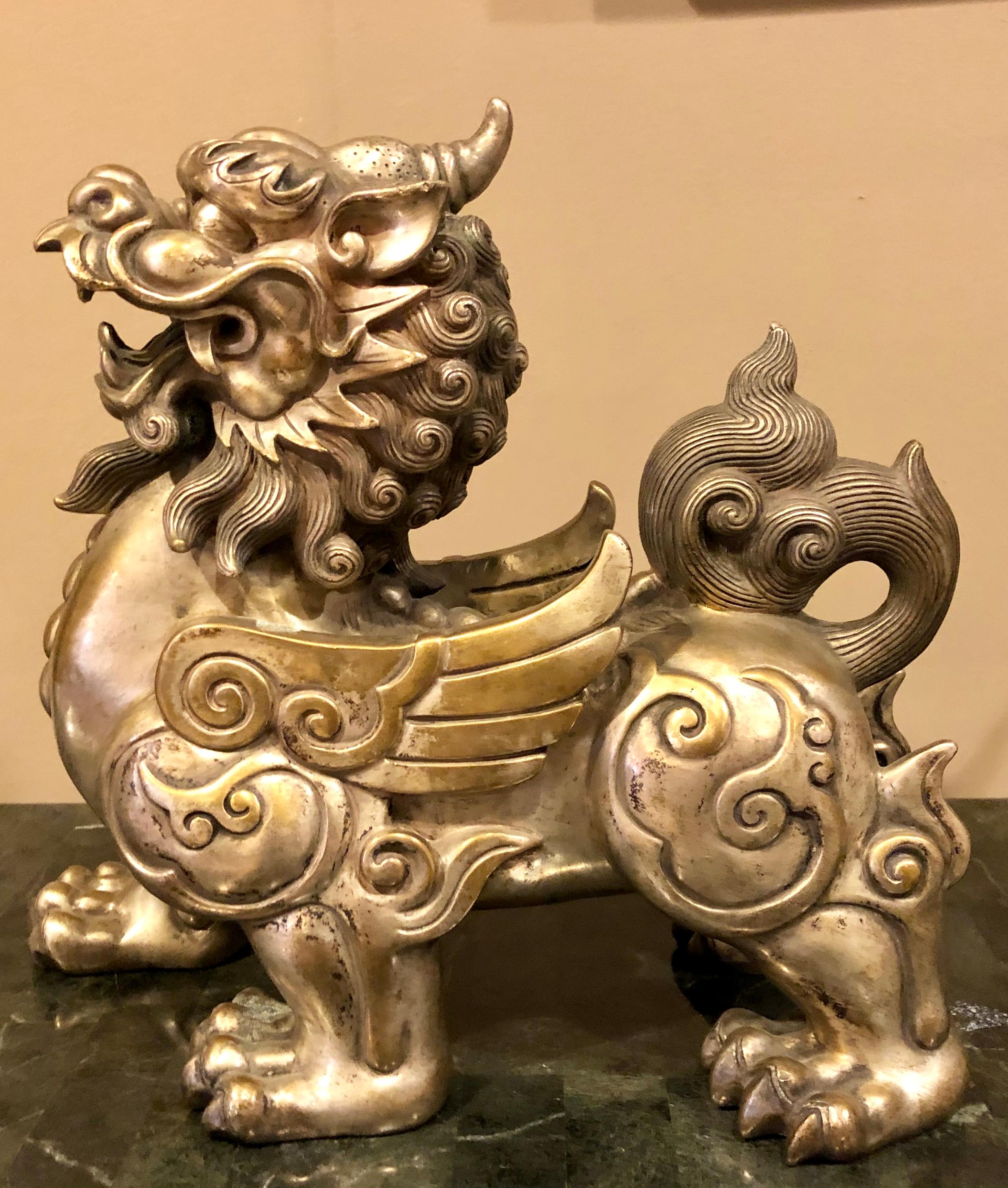 Pair of Chinese Foo Dogs, Bronze Silver Plated In Good Condition In Manhasset, NY