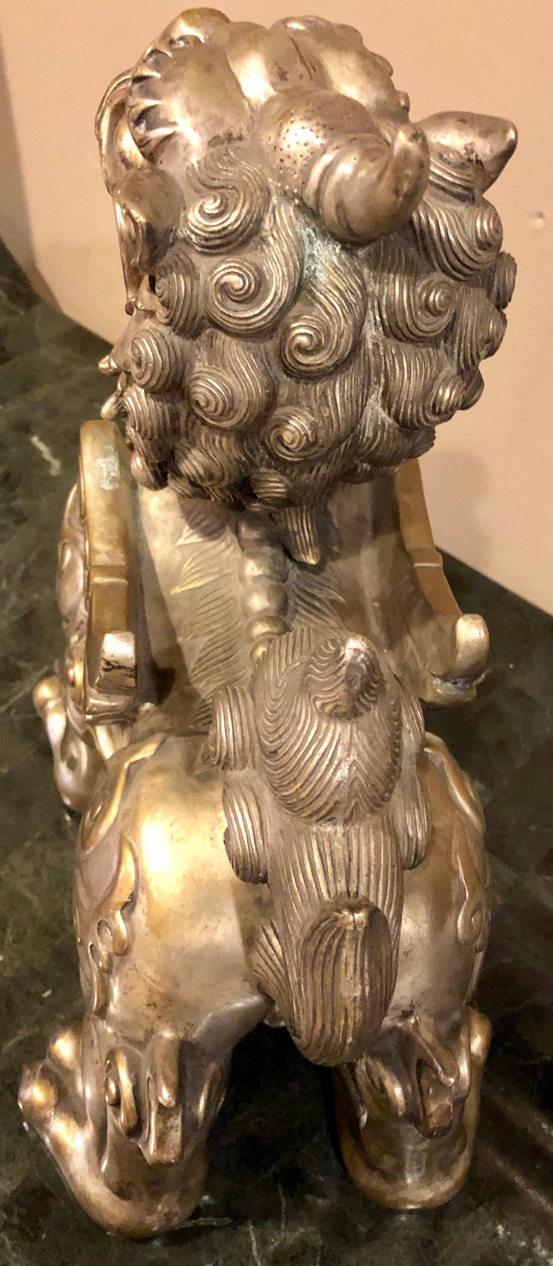 Mid-20th Century Pair of Chinese Foo Dogs, Bronze Silver Plated