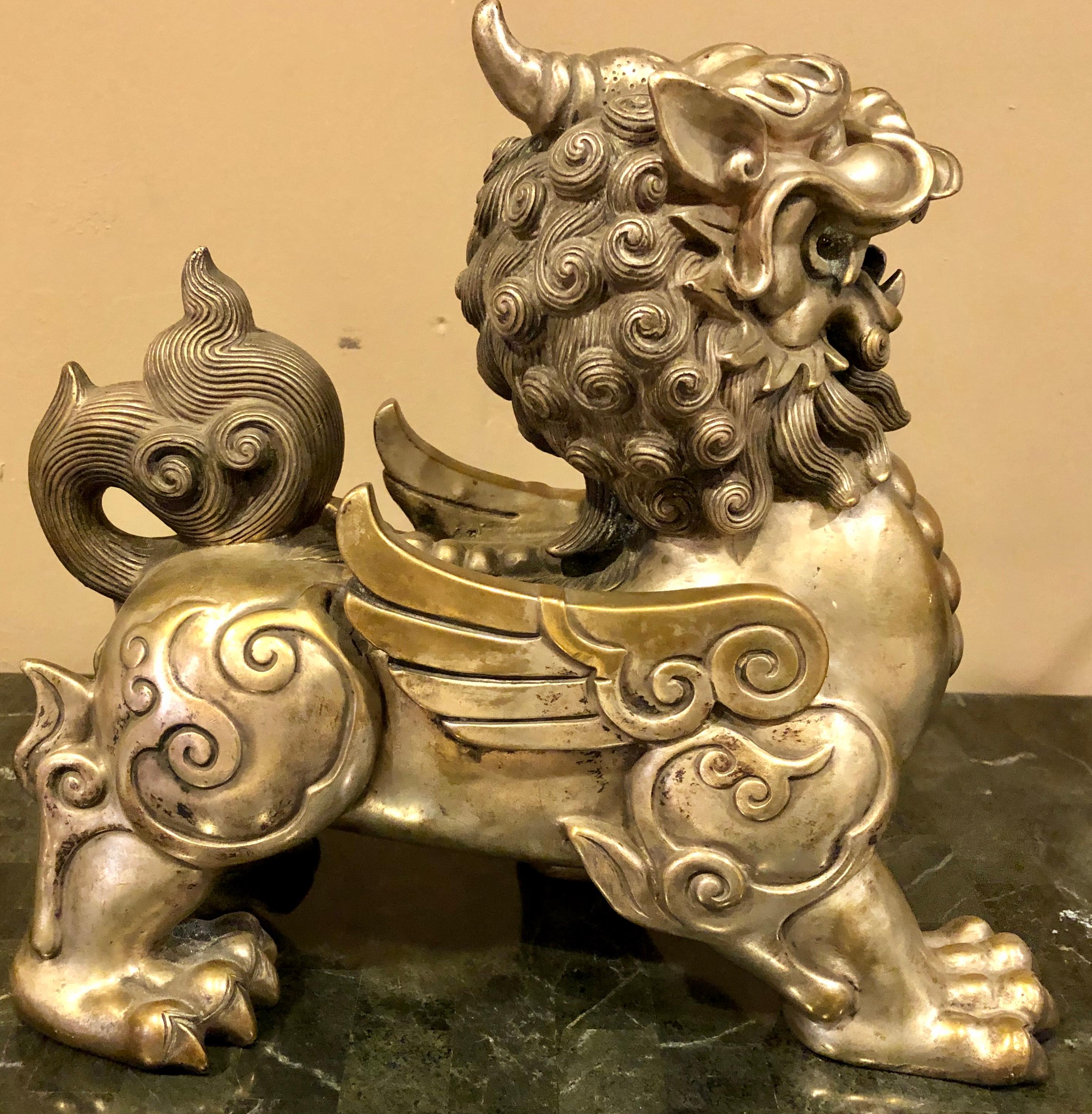 Pair of Chinese Foo Dogs, Bronze Silver Plated 1
