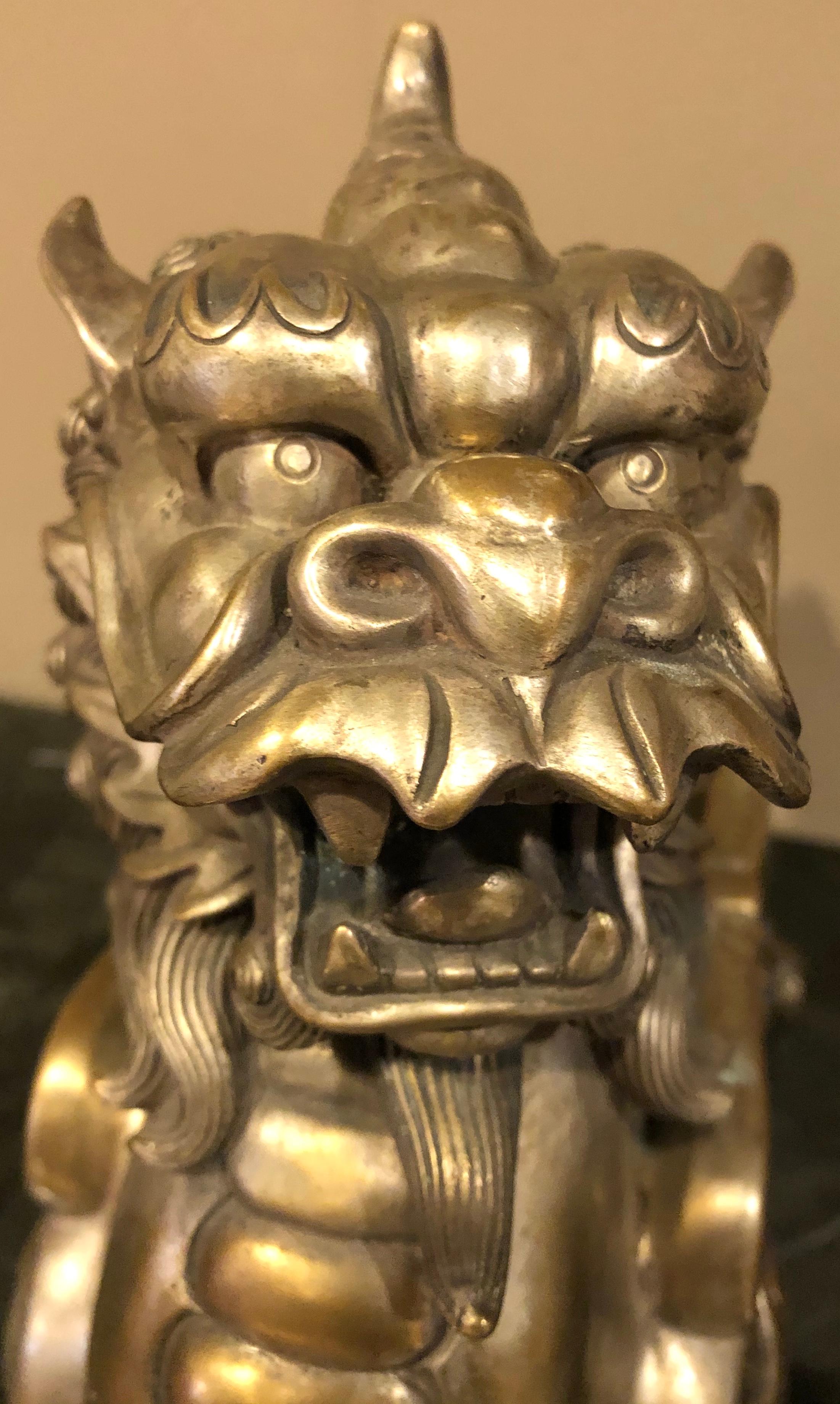 Pair of Chinese Foo Dogs, Bronze Silver Plated 2
