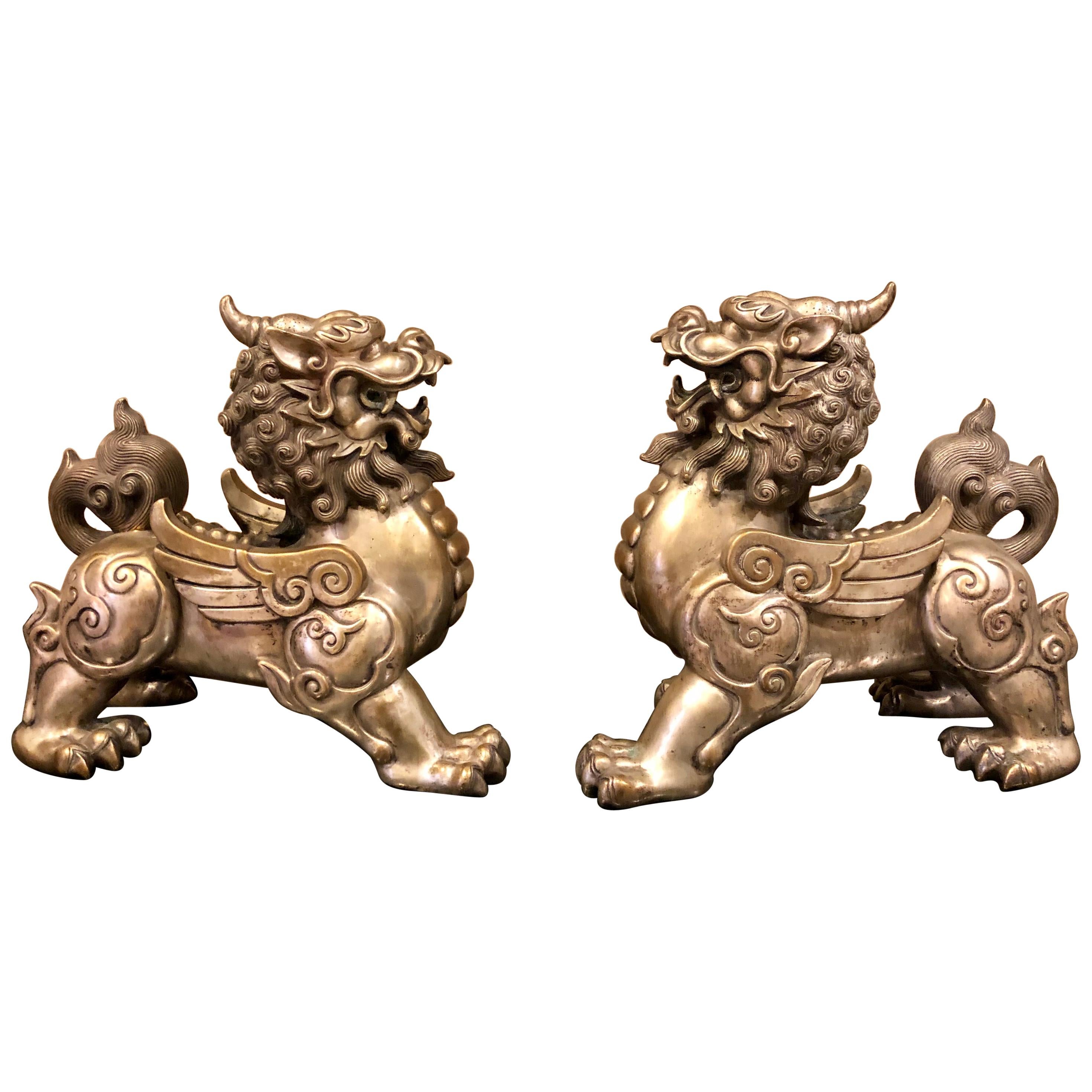 Pair of Chinese Foo Dogs, Bronze Silver Plated