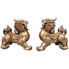 Vintage Pair of Chinese Foo Dogs, Bronze Silver Plated