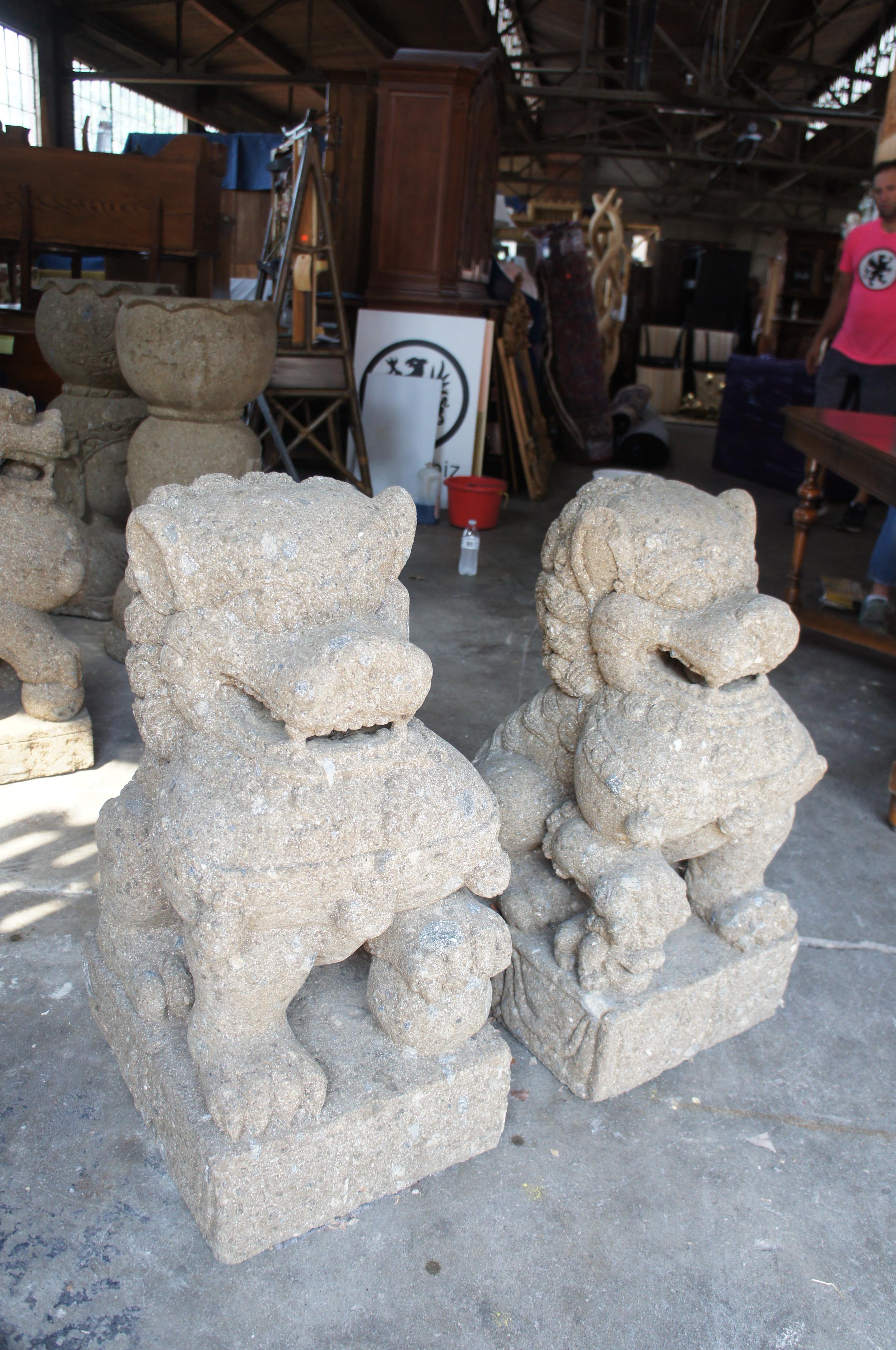 Paar chinesische Foo Dogs Beton Statue Wächter Löwen Stein Garten im Angebot 8