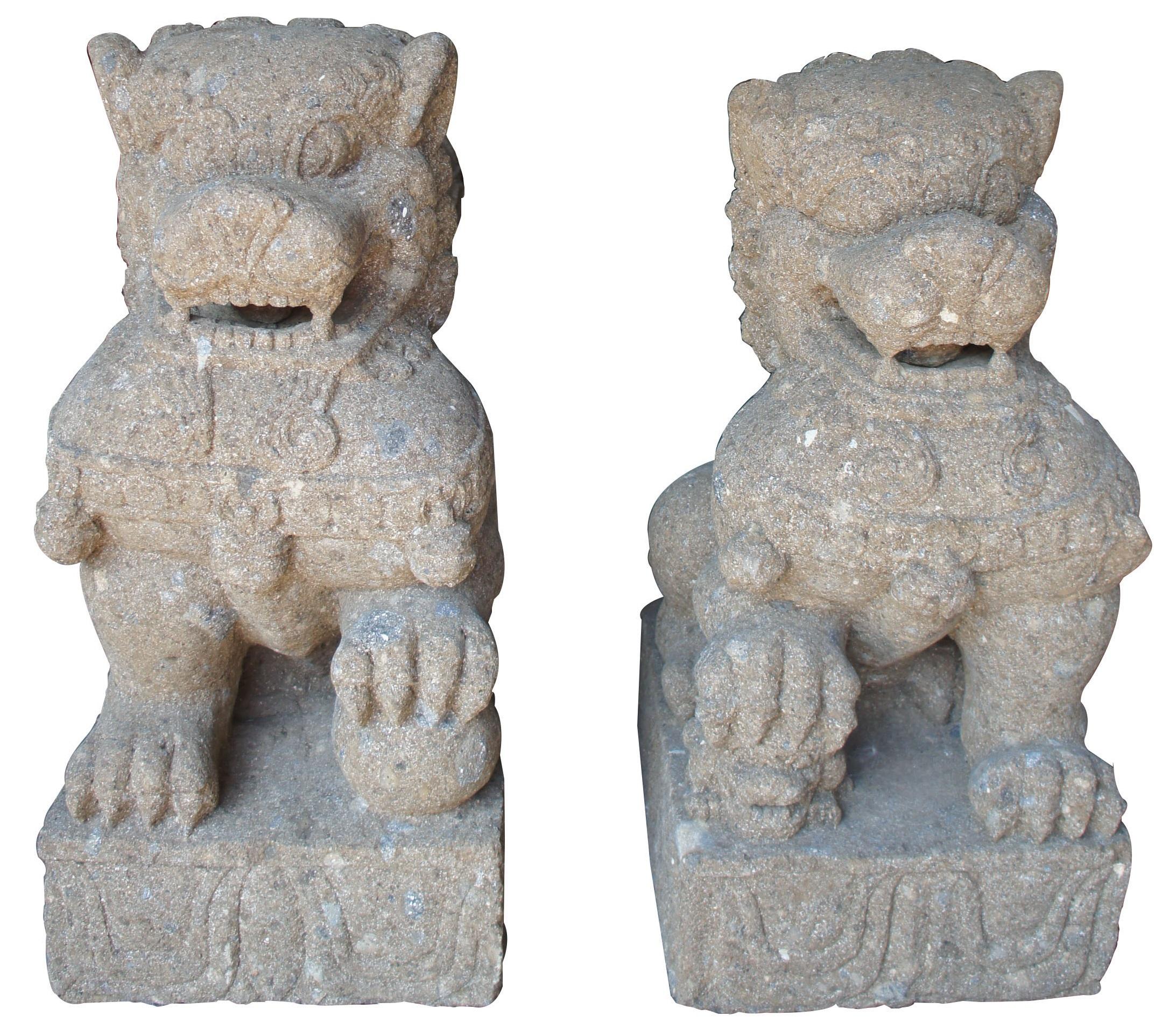 Pair of Chinese foo dogs concrete statue guardians lions stone garden 32