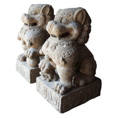 Used Pair of Chinese Foo Dogs Concrete Statue Guardians Lions Stone Garden