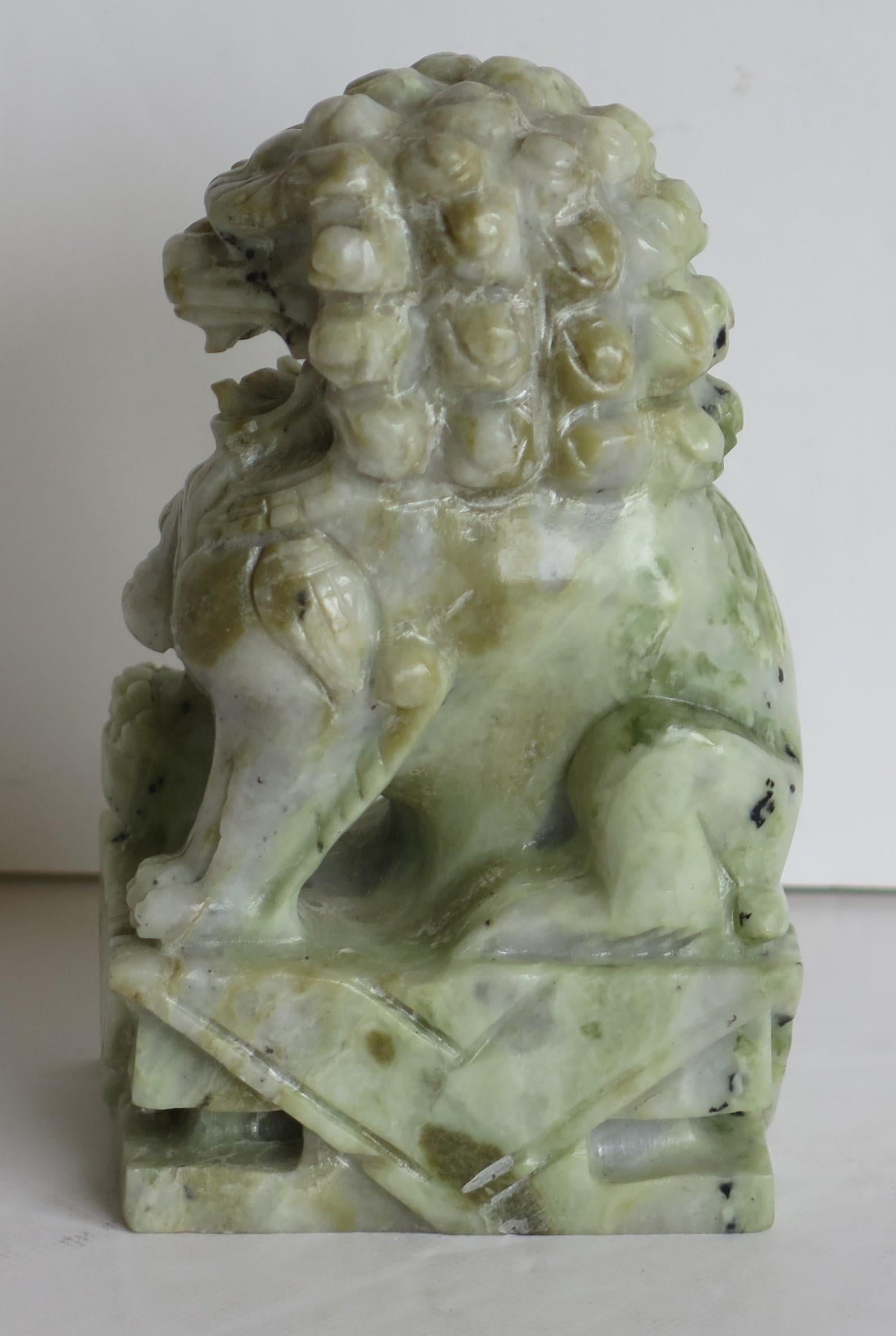 Pair of Chinese Foo Dogs Hand Carved Hardstone Good Colour and Detail, Ca 1940 For Sale 8