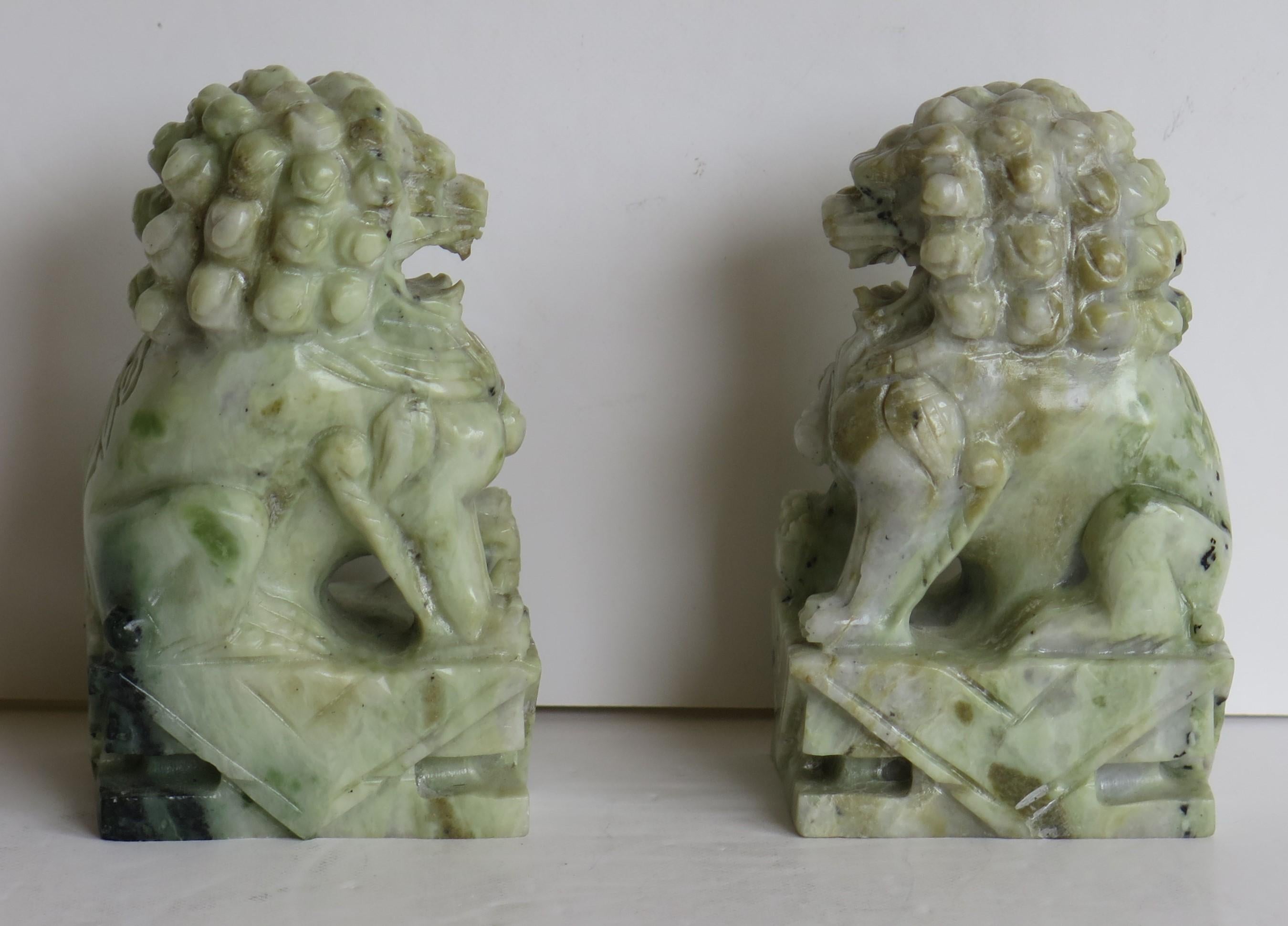 20th Century Pair of Chinese Foo Dogs Hand Carved Hardstone Good Colour and Detail, Ca 1940 For Sale