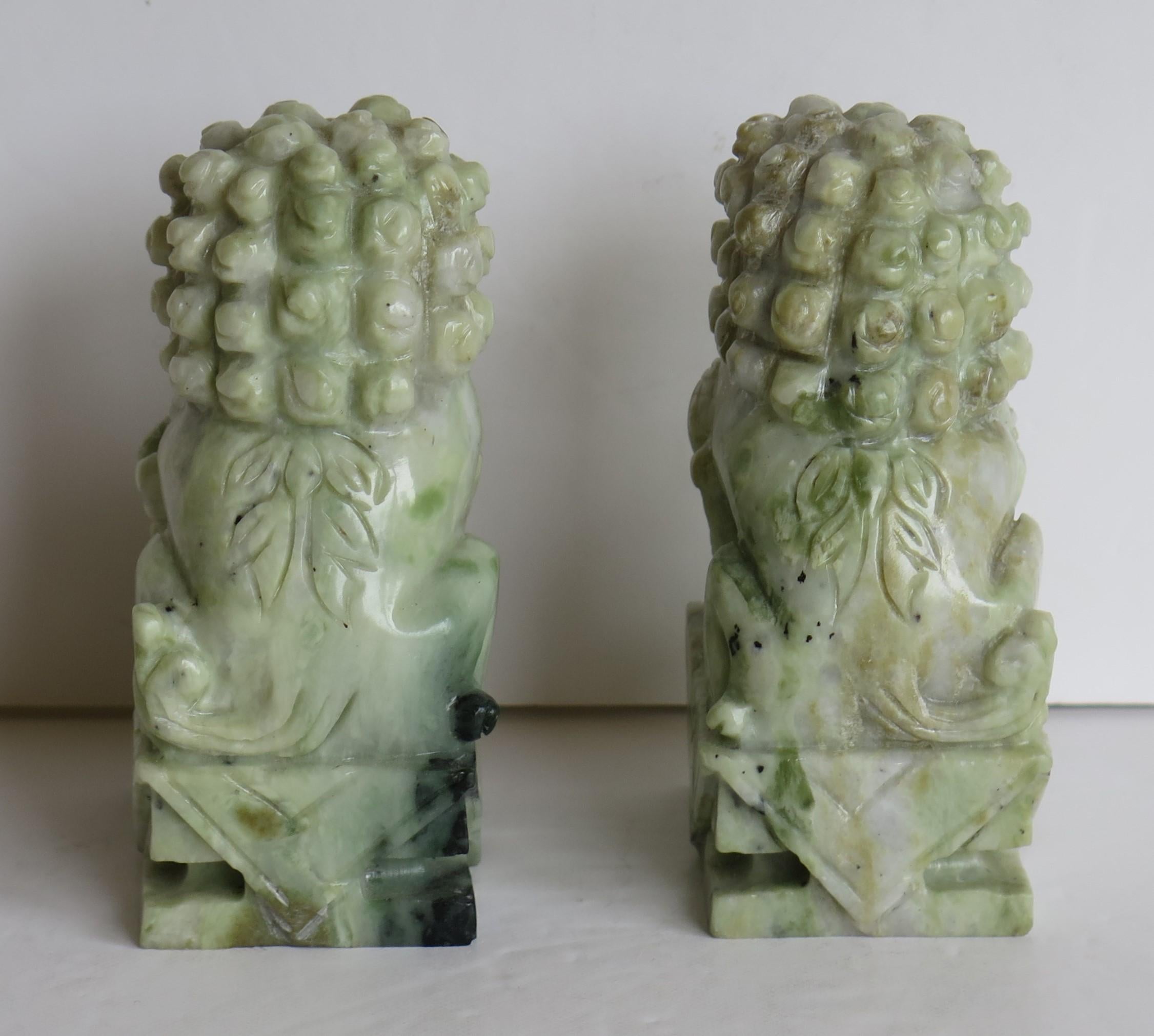 Stone Pair of Chinese Foo Dogs Hand Carved Hardstone Good Colour and Detail, Ca 1940 For Sale