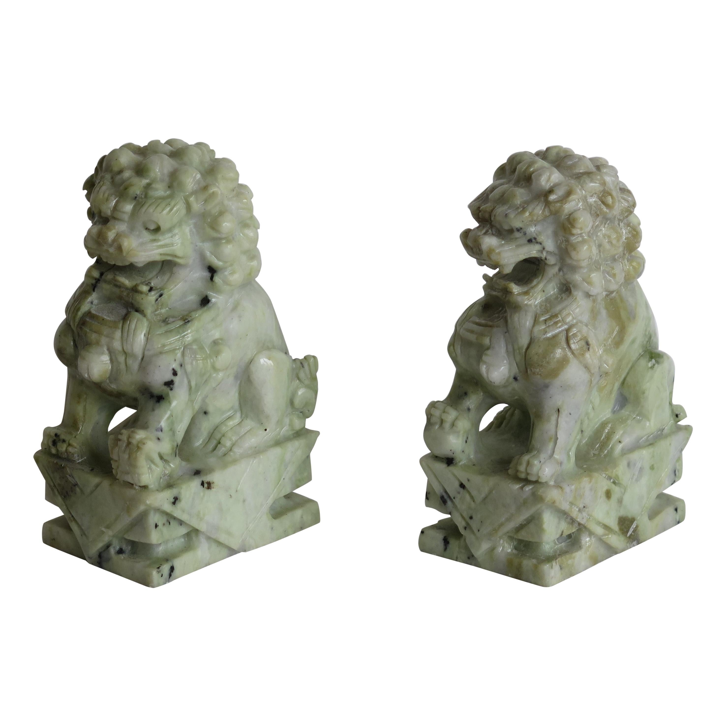 Pair of Chinese Foo Dogs Hand Carved Hardstone Good Colour and Detail, Ca 1940
