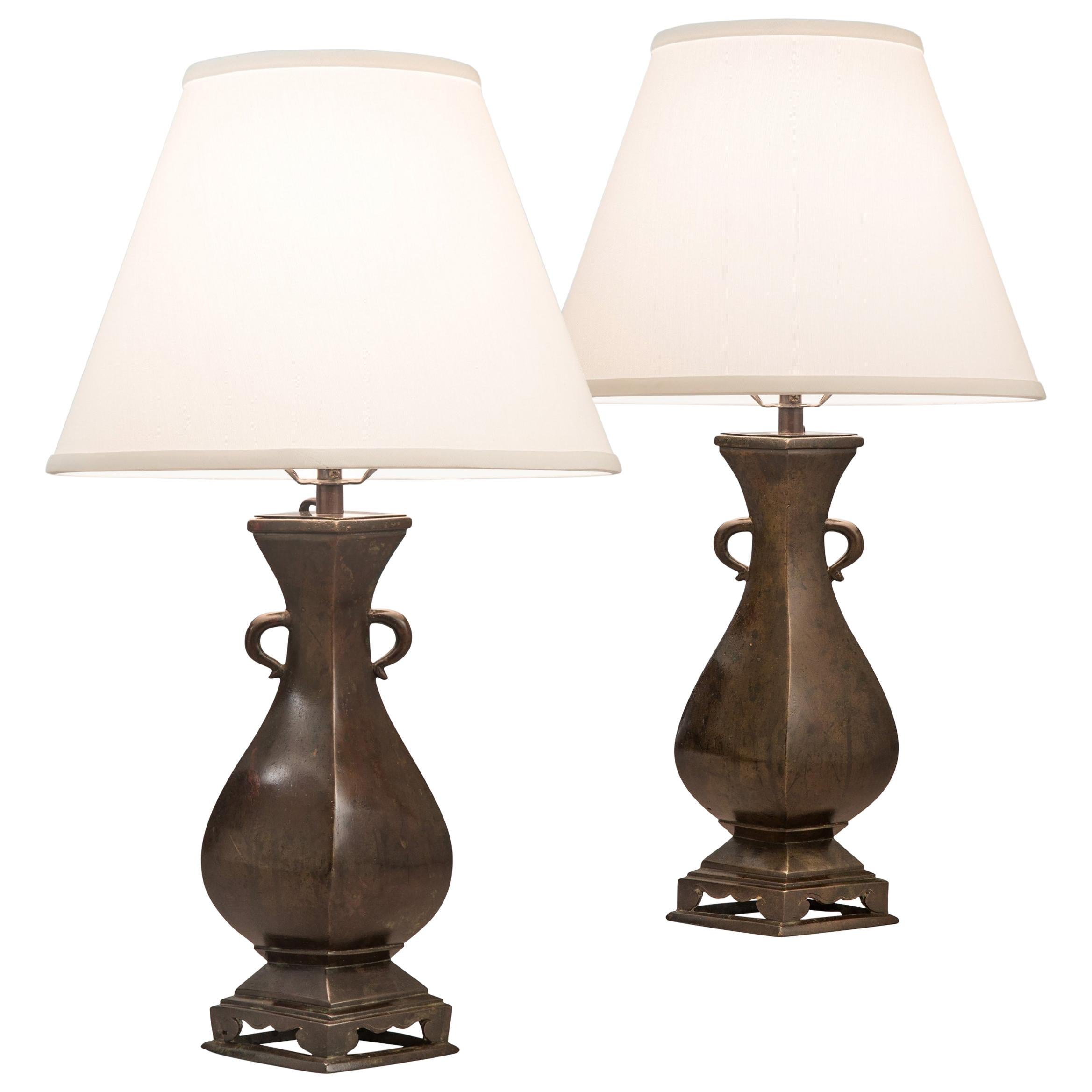 Pair of Chinese Four Sided Bronze Vases Now Lamps