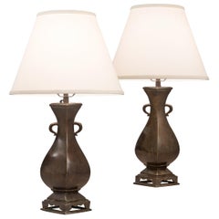 Pair of Chinese Four Sided Bronze Vases Now Lamps