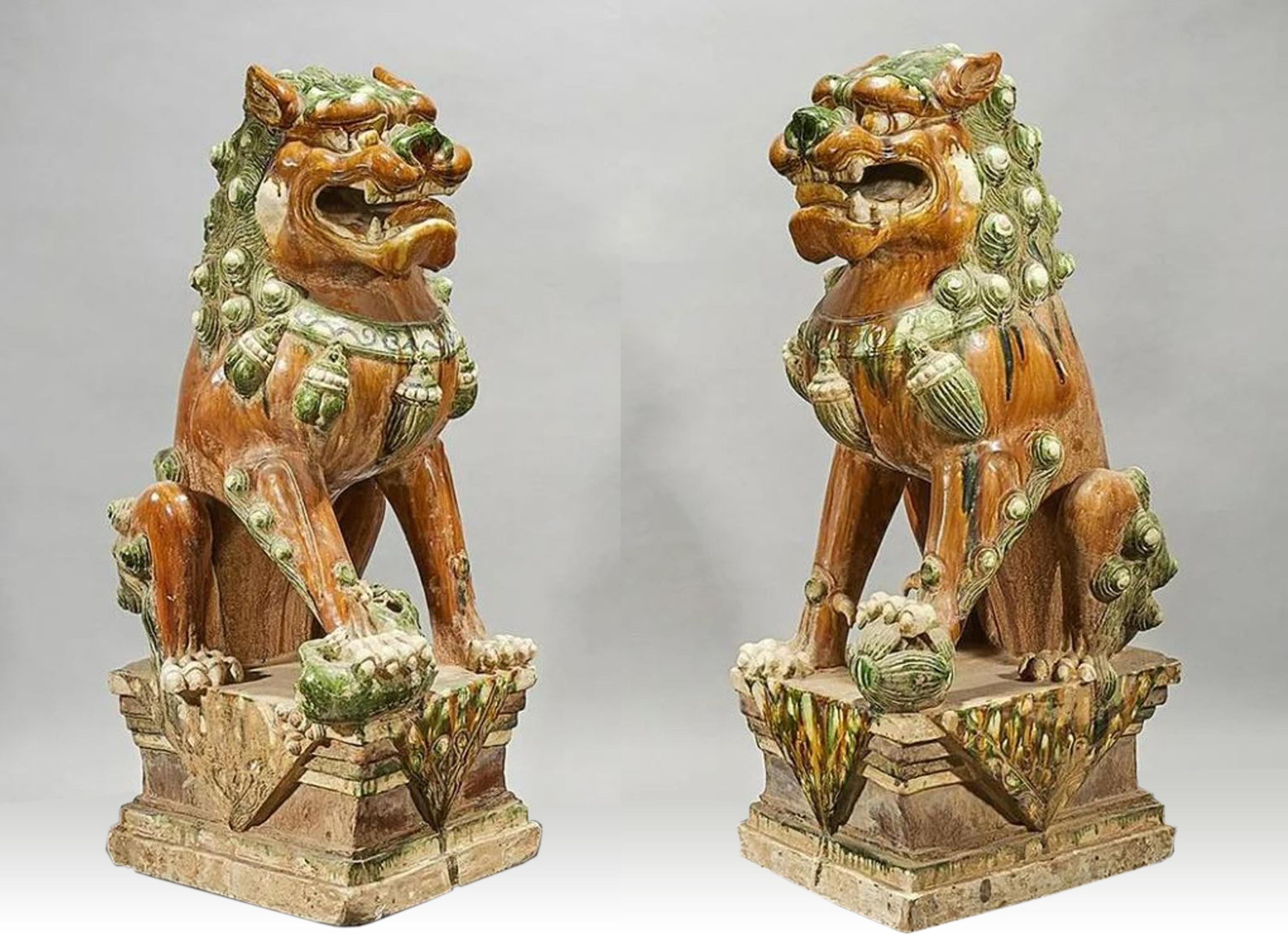 Glazed Pair of Chinese Fu-Lions Statues For Sale
