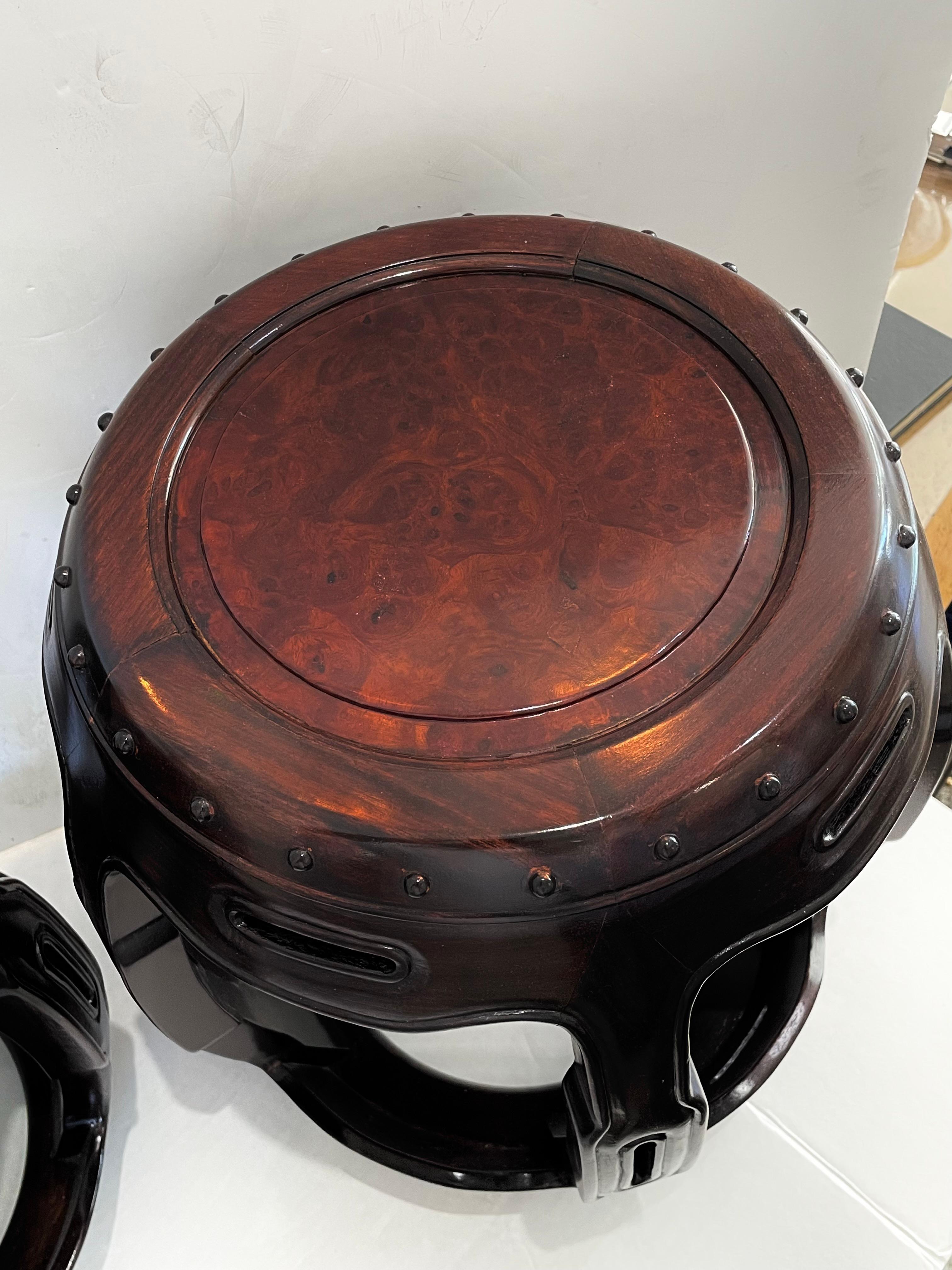 Pair of Chinese Garden Stools in Rosewood and Burlwood For Sale 3