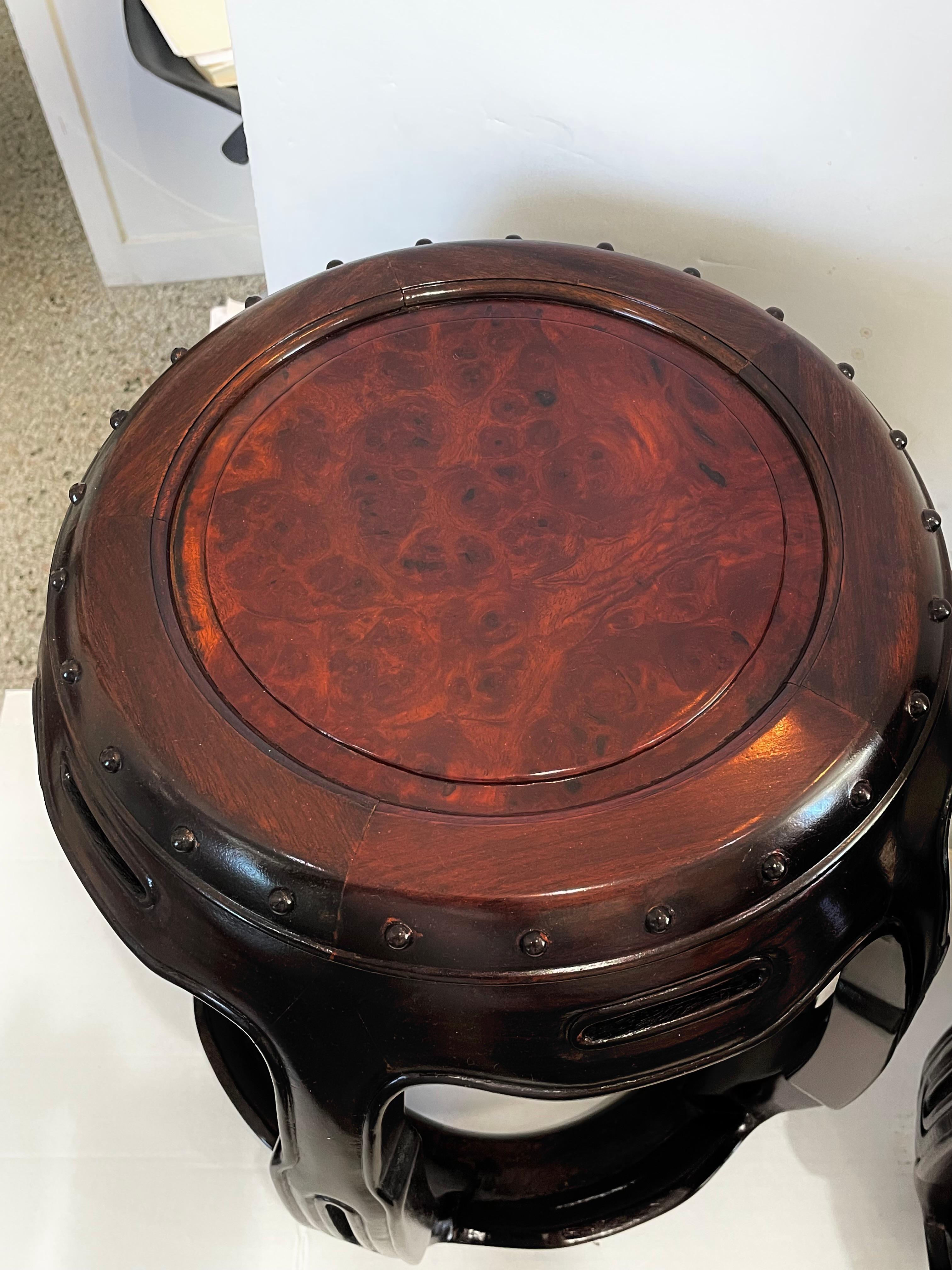Pair of Chinese Garden Stools in Rosewood and Burlwood For Sale 4