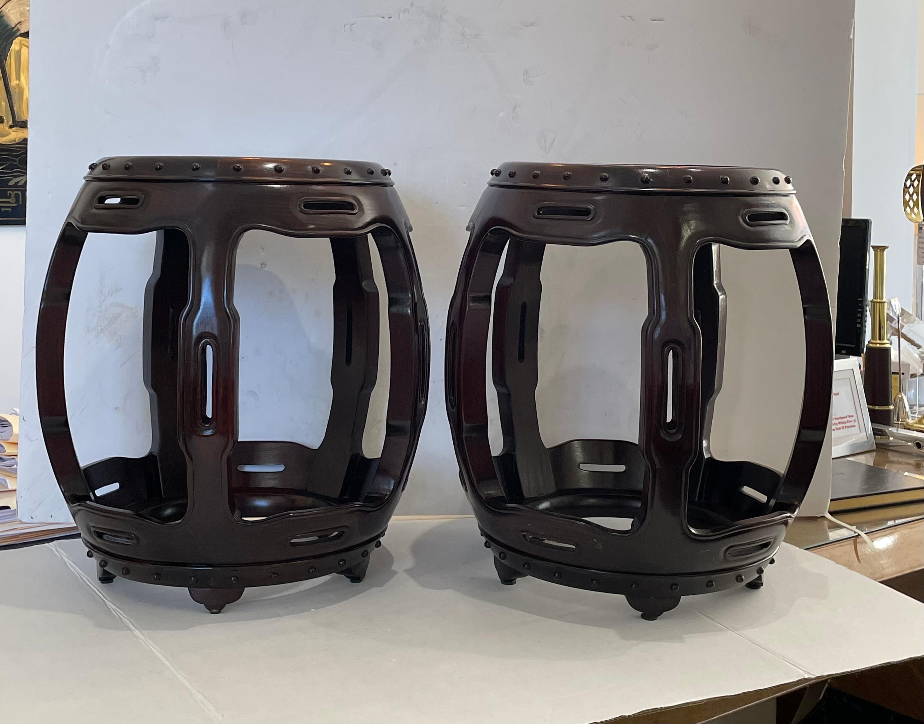 Hollywood Regency Pair of Chinese Garden Stools in Rosewood and Burlwood For Sale