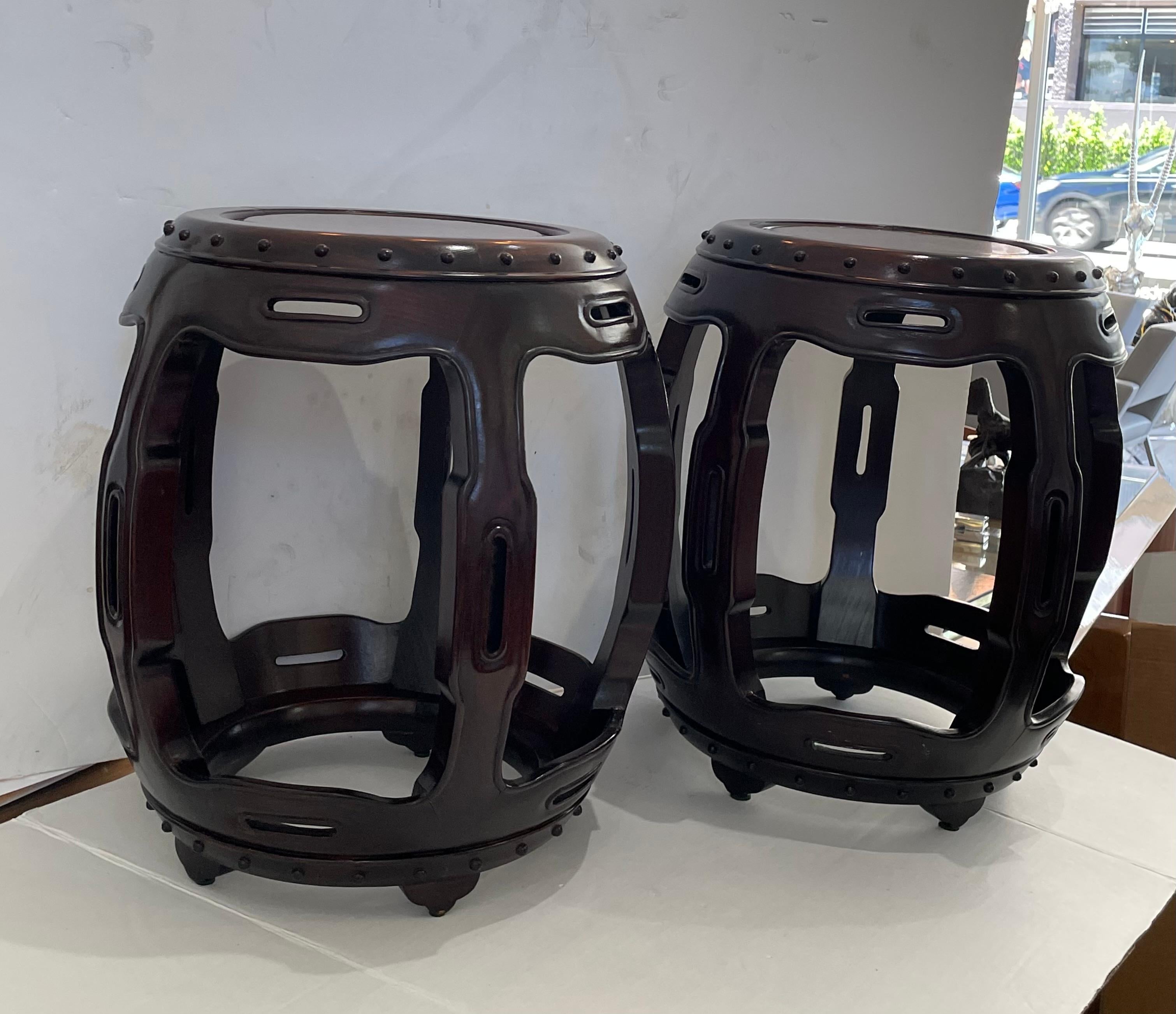 Hong Kong Pair of Chinese Garden Stools in Rosewood and Burlwood For Sale
