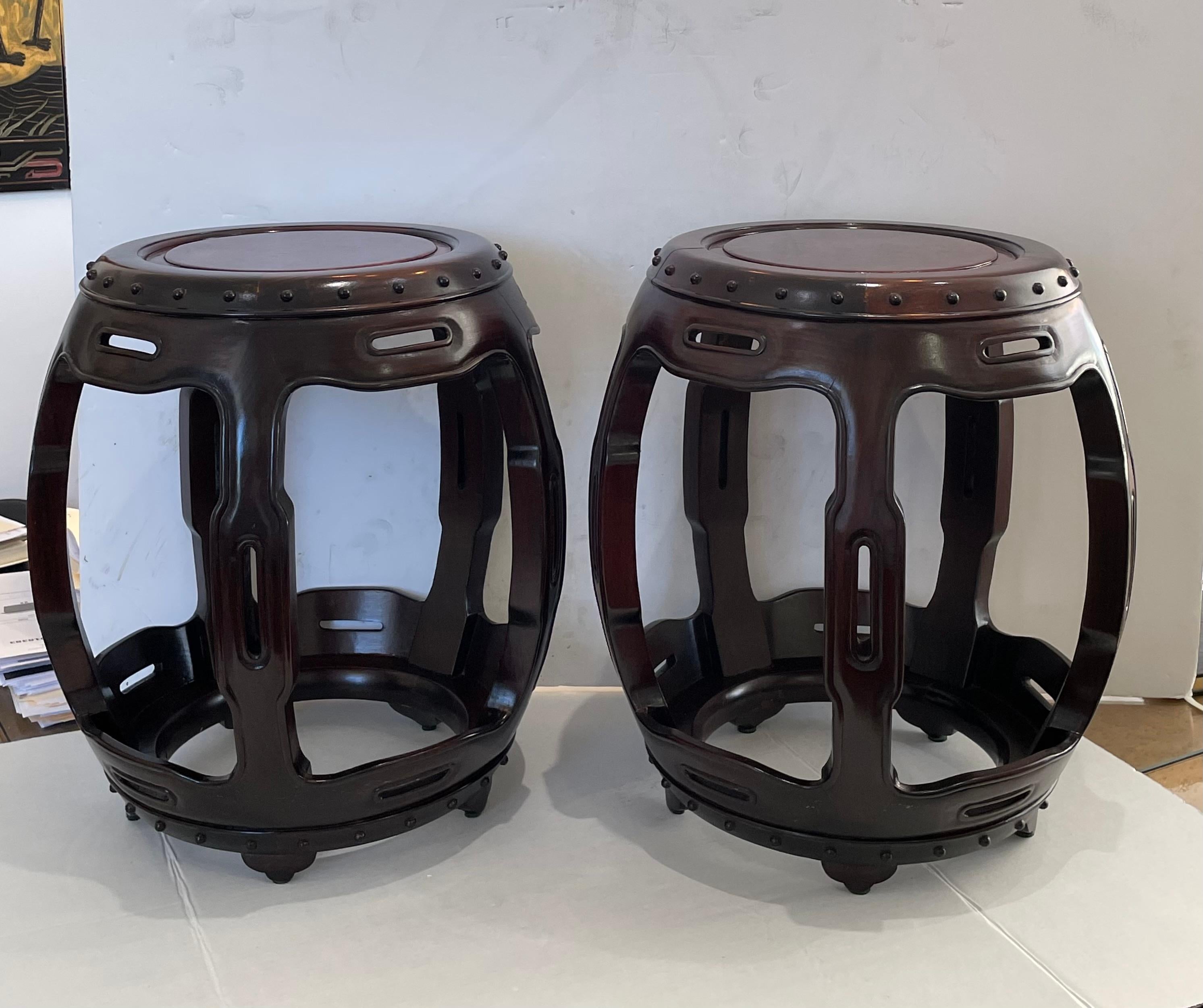 Hand-Carved Pair of Chinese Garden Stools in Rosewood and Burlwood For Sale
