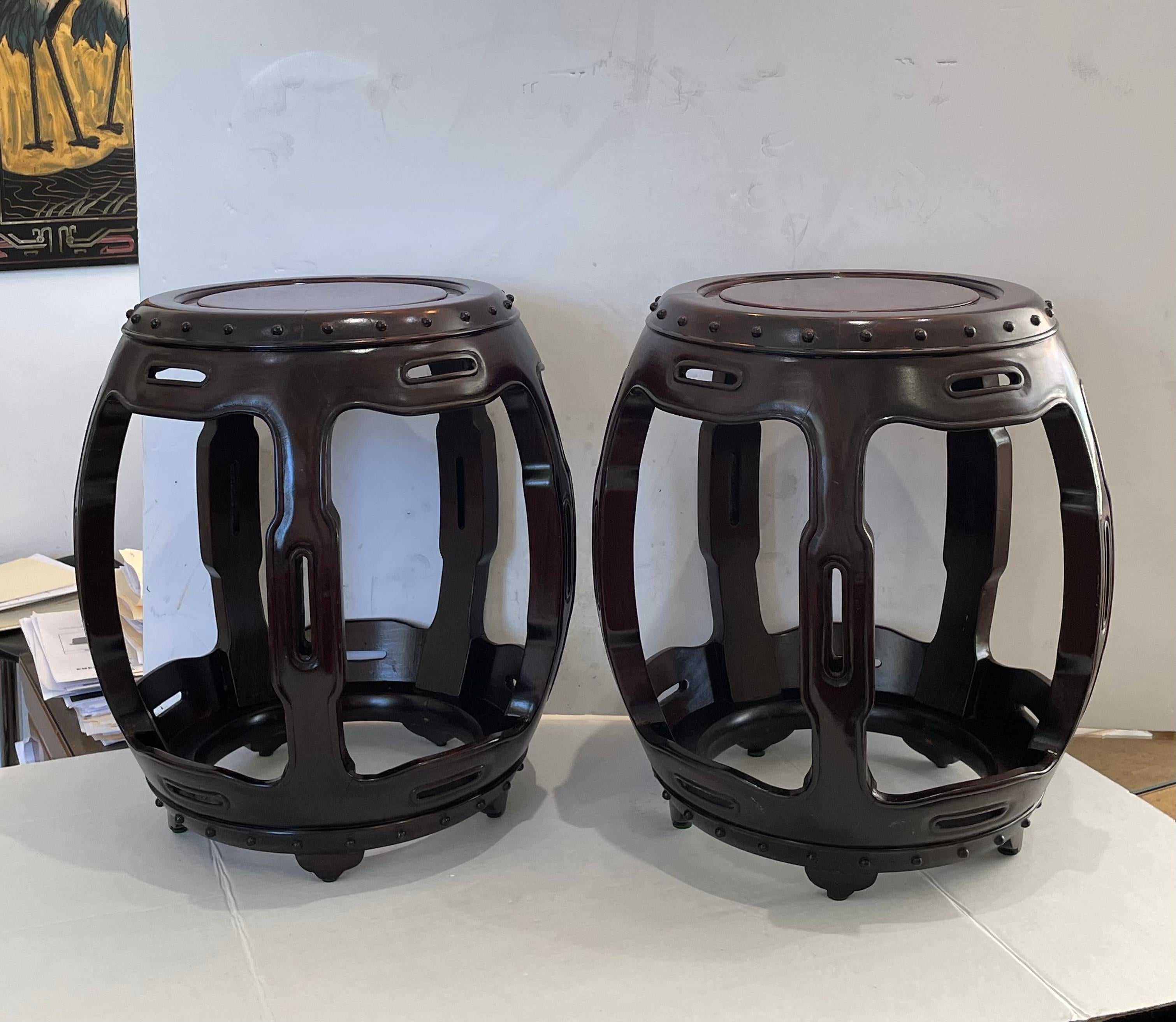 20th Century Pair of Chinese Garden Stools in Rosewood and Burlwood For Sale