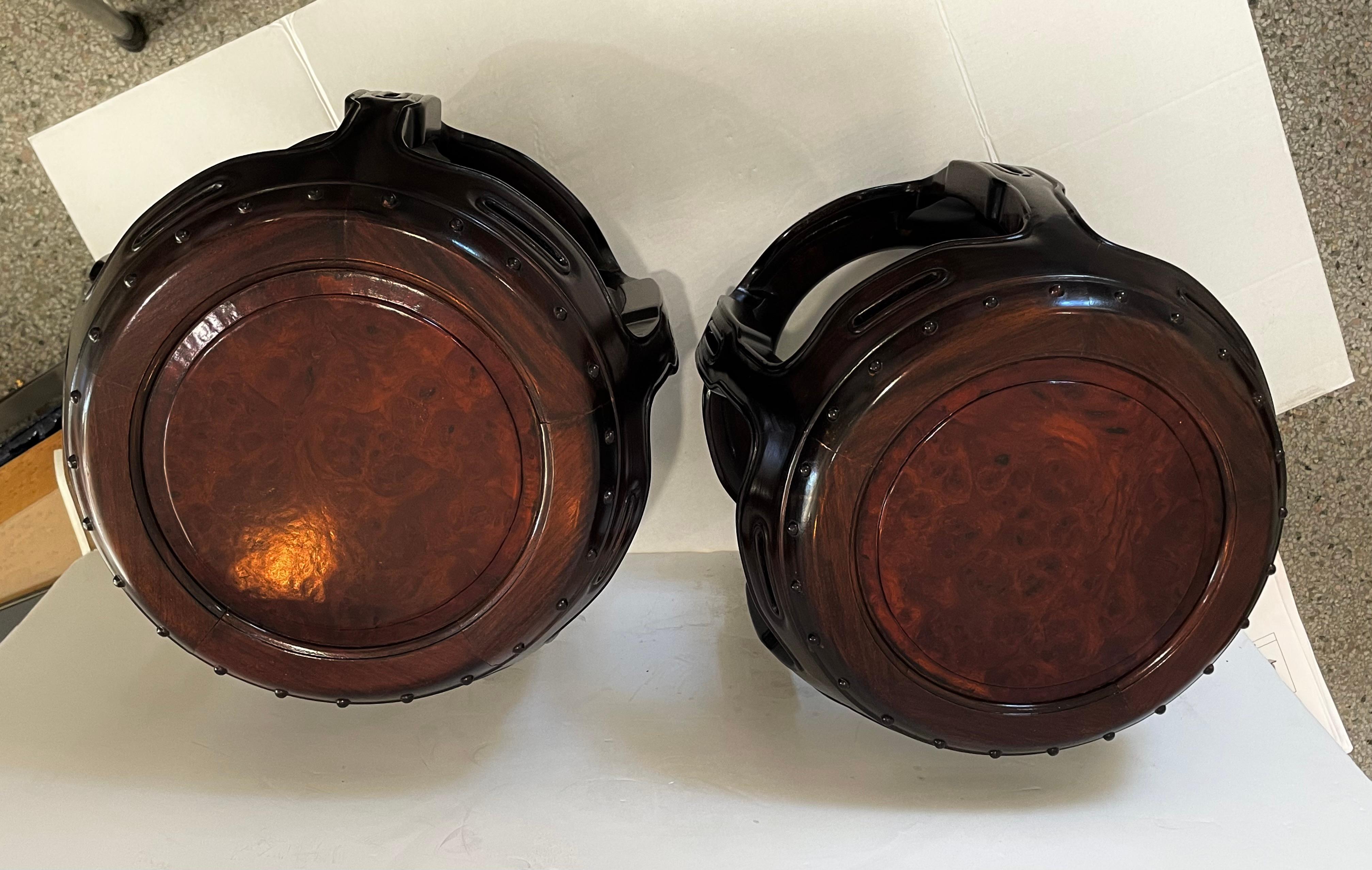 Pair of Chinese Garden Stools in Rosewood and Burlwood For Sale 1