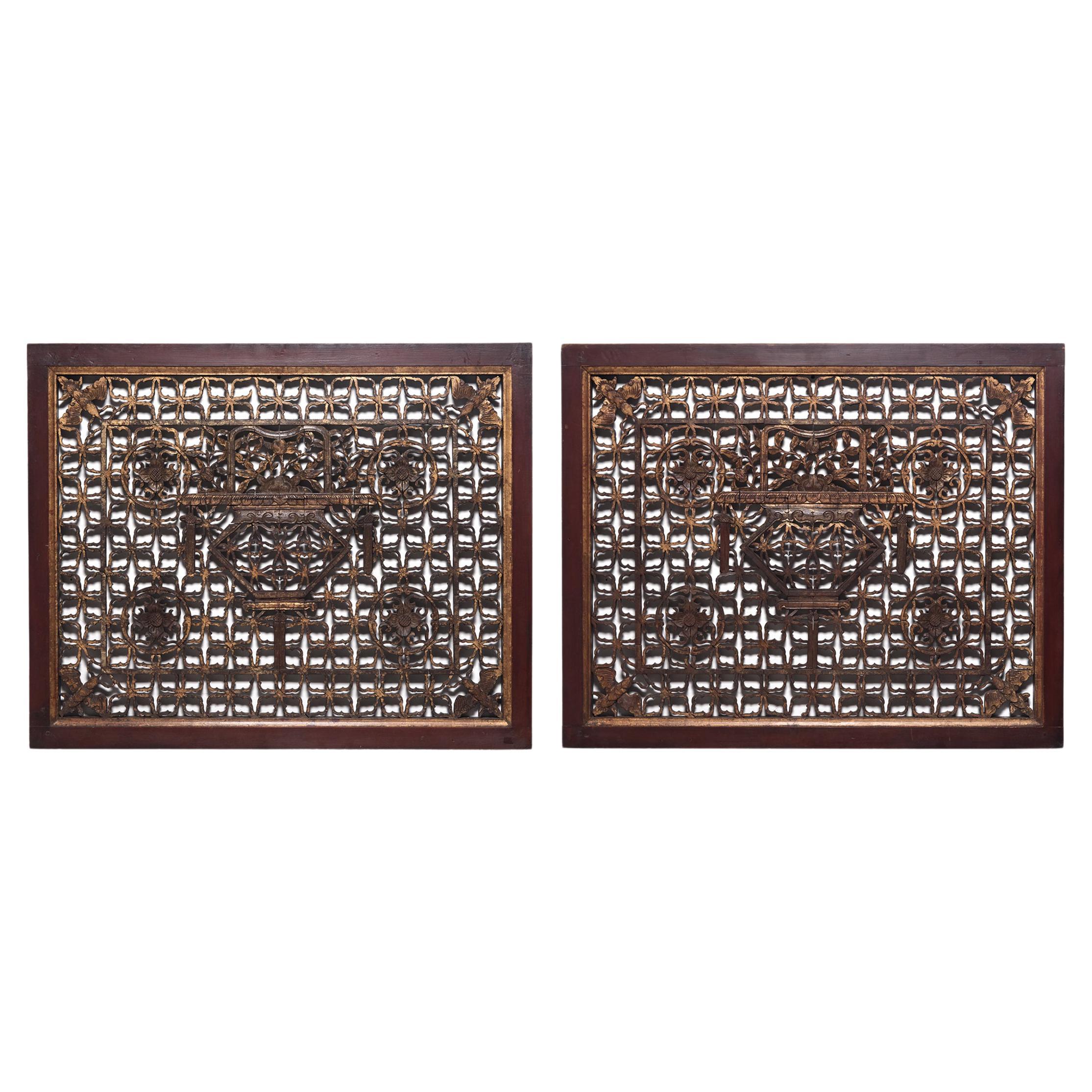 Pair of Chinese Gilt Lattice Window Panels, c. 1900