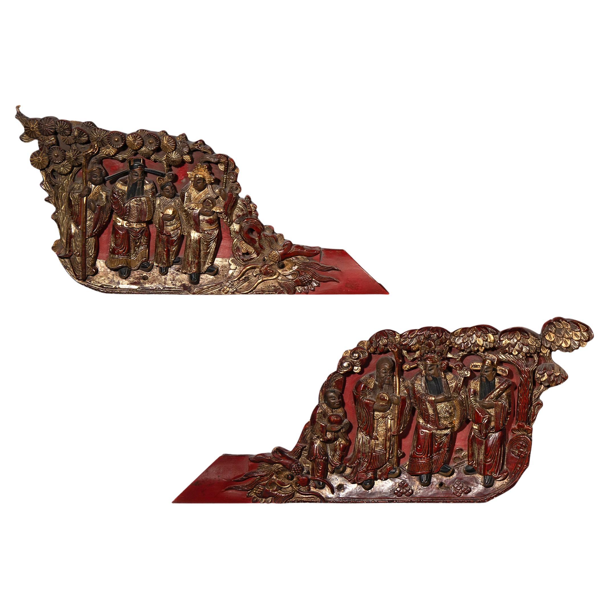 Pair of Chinese Gilt Relief Fragments with Taoist Immortals