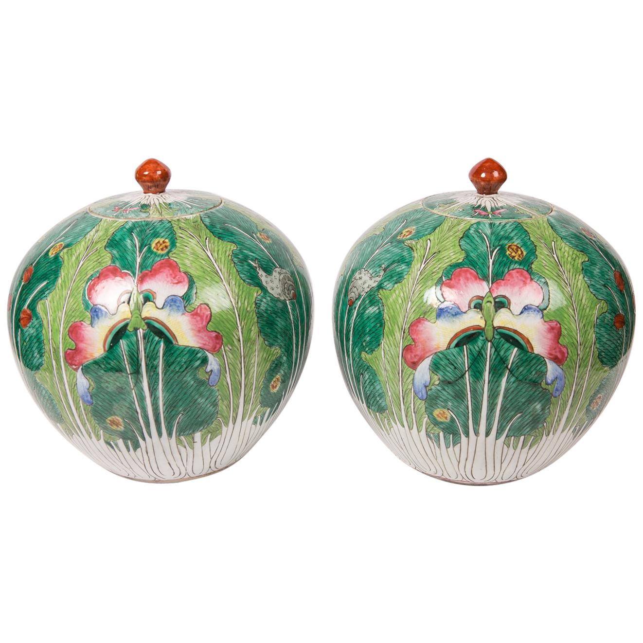Pair Chinese Ginger Jars with Cabbage Decoration Xianfeng Reign (1831-1860)