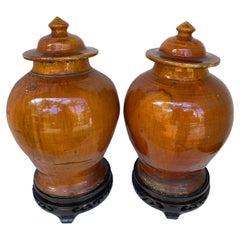Pair of Chinese Ginger Jars with Hand Carved Stands